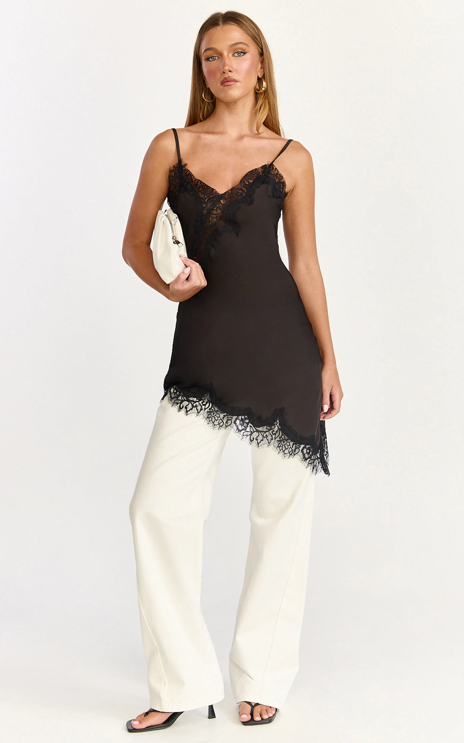 Iris Mini Dress - Lace Trim Asymmetrical Camisole Dress in Black