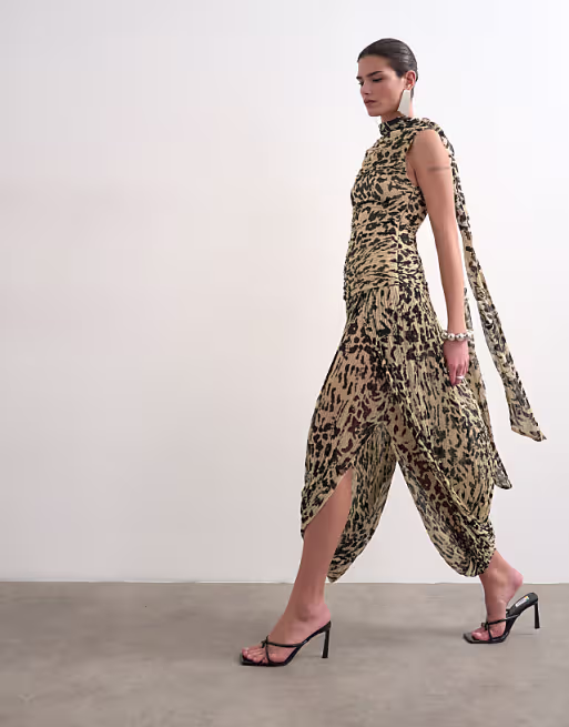 Topshop chiffon scarf neck bubble hem maxi dress in buttermilk abstract animal print