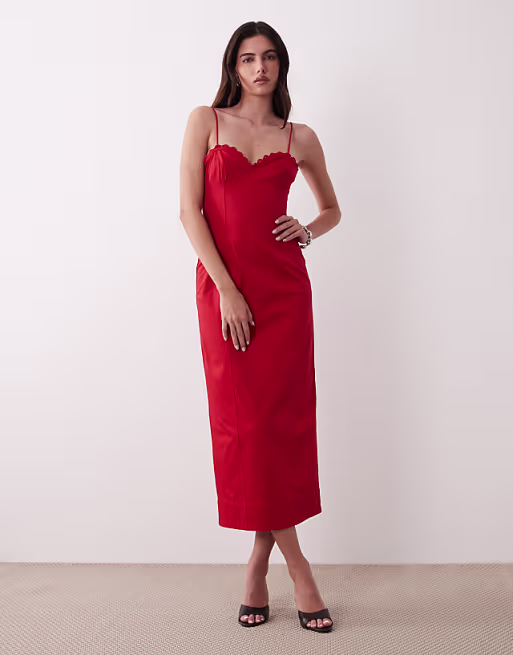 cotton sateen cami maxi sundress with bust detailing in red