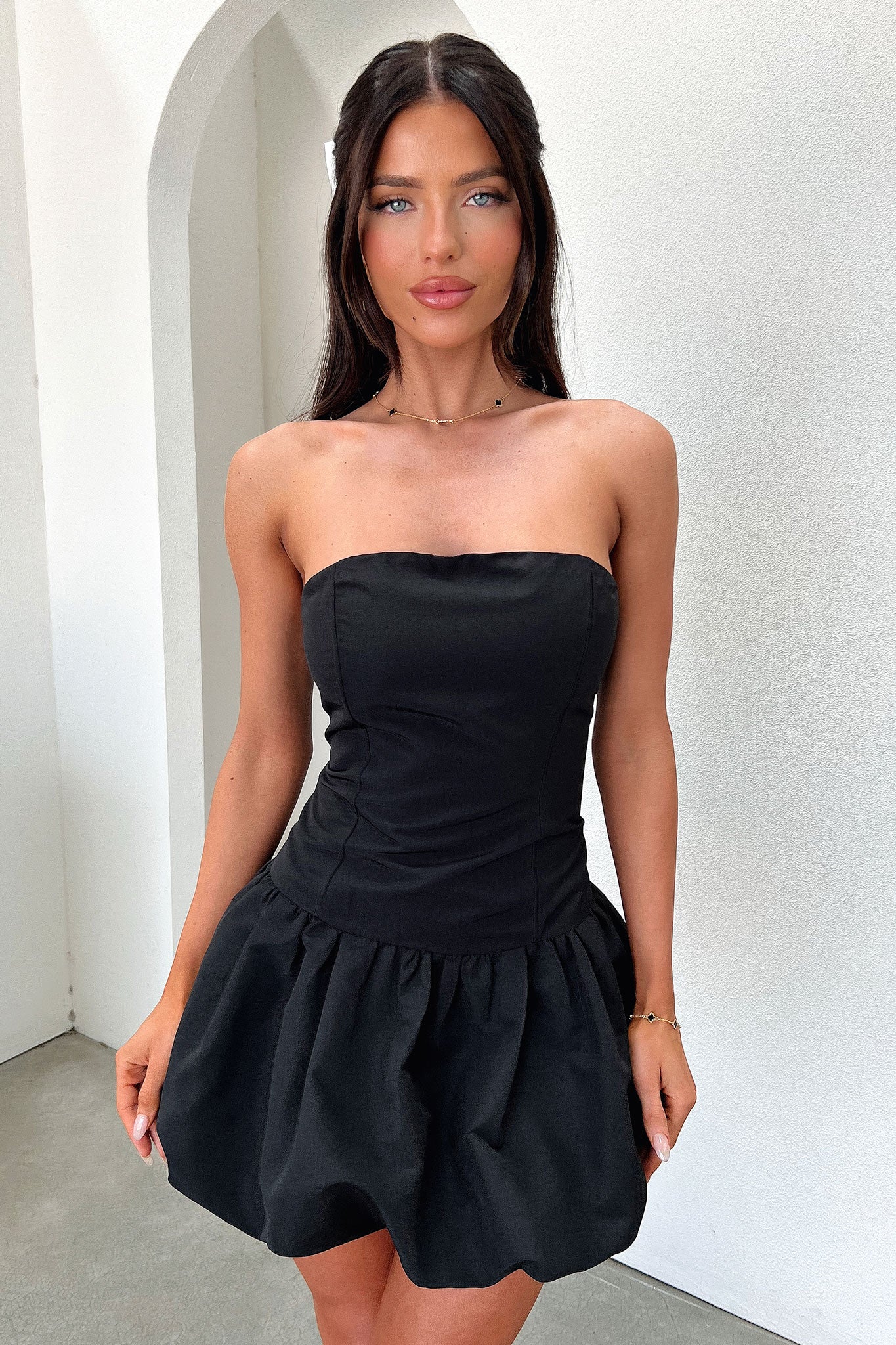 Kloe Bubble Skirt Strapless Mini Dress - Black