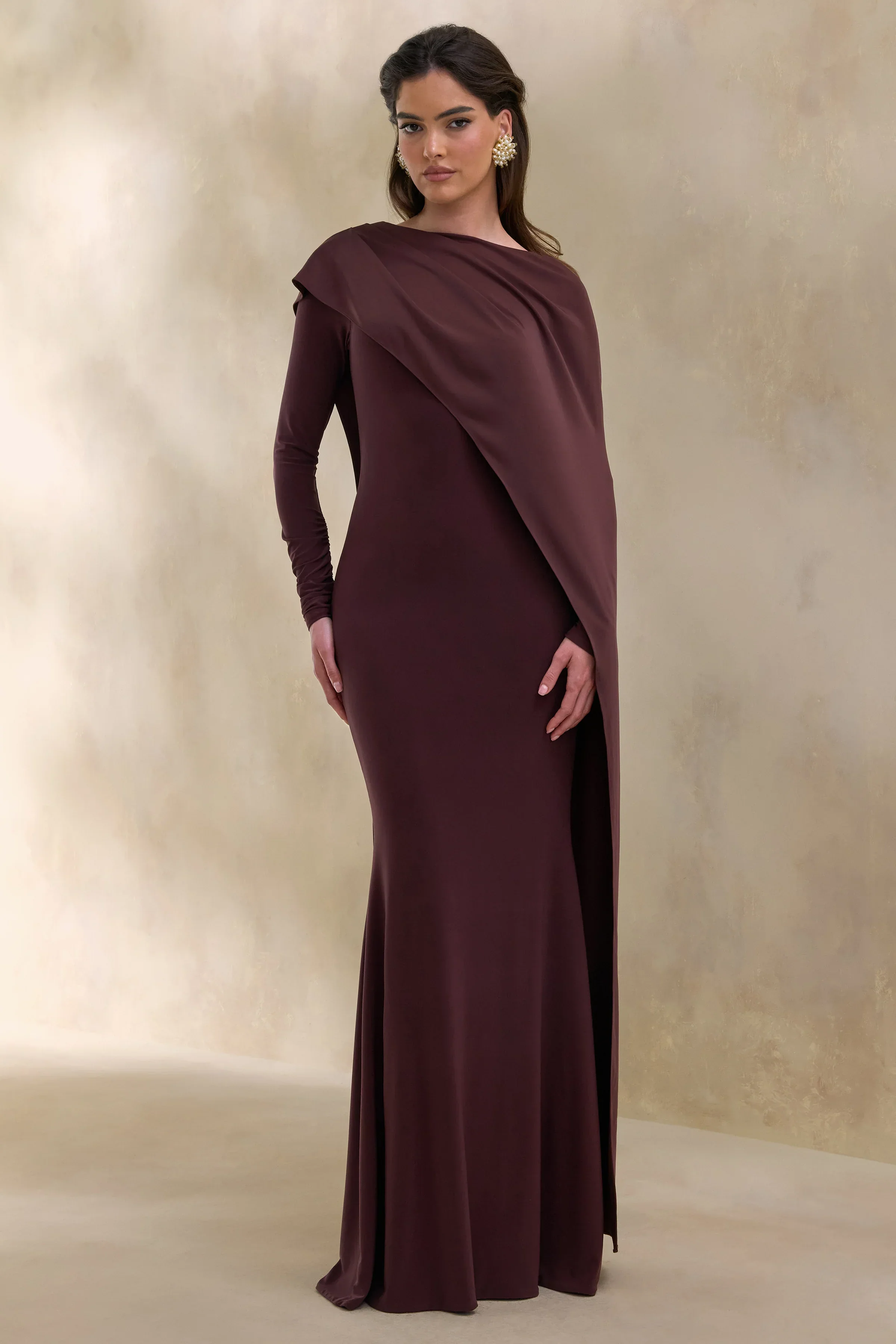 Salenne | Brown Wide-Neck Maxi Dress With Satin Asymmetric-Cape