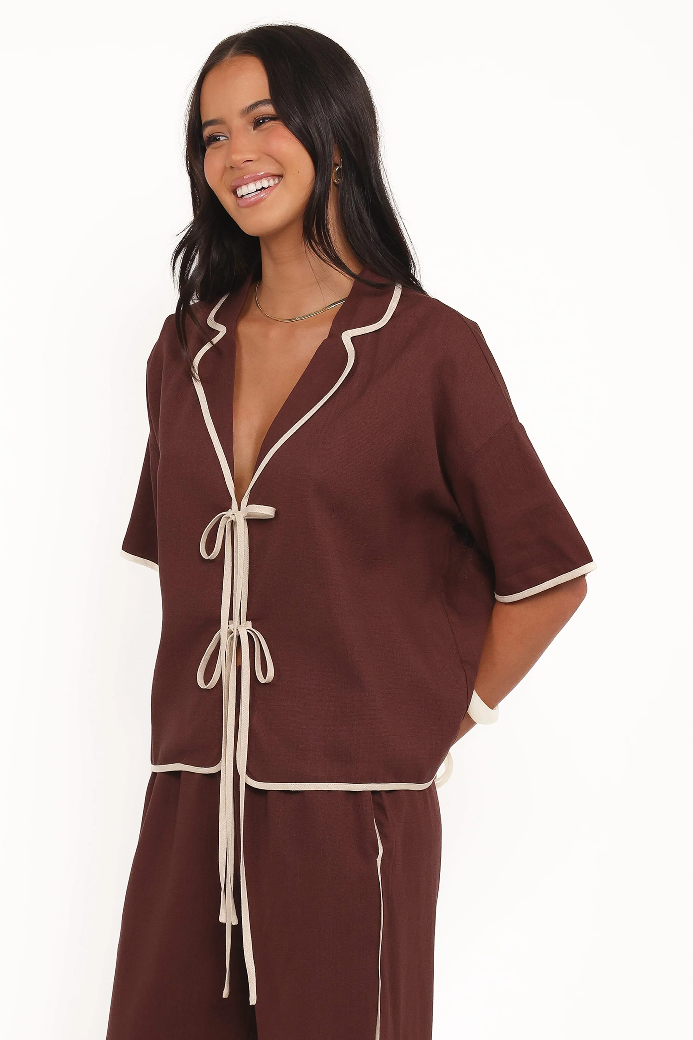 Dalton Tie Top - Brown Cream