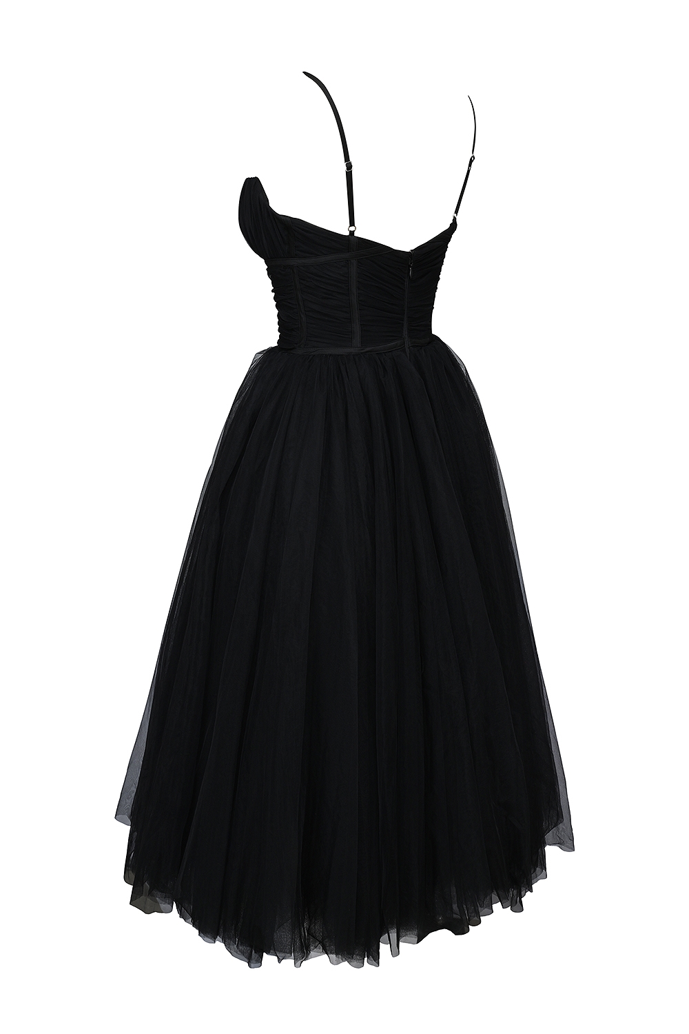 Black Tulle Ruched Bodice Midi Dress