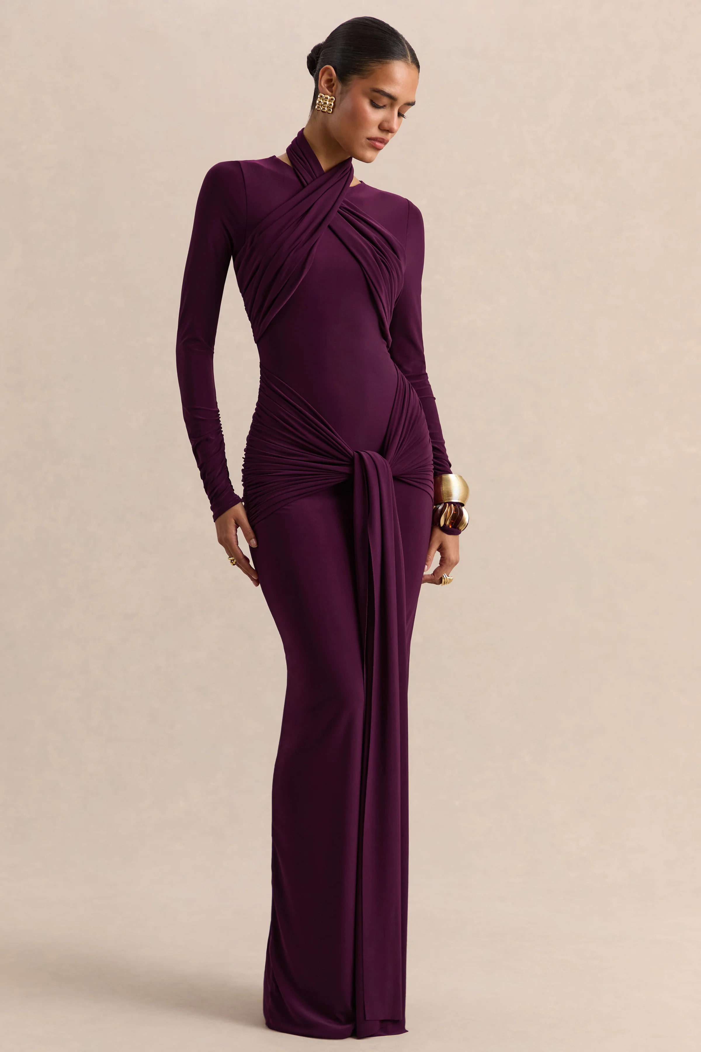 Linessa | Dark Plum High-Neck Maxi Dress With Sash And Gathered-Detailing