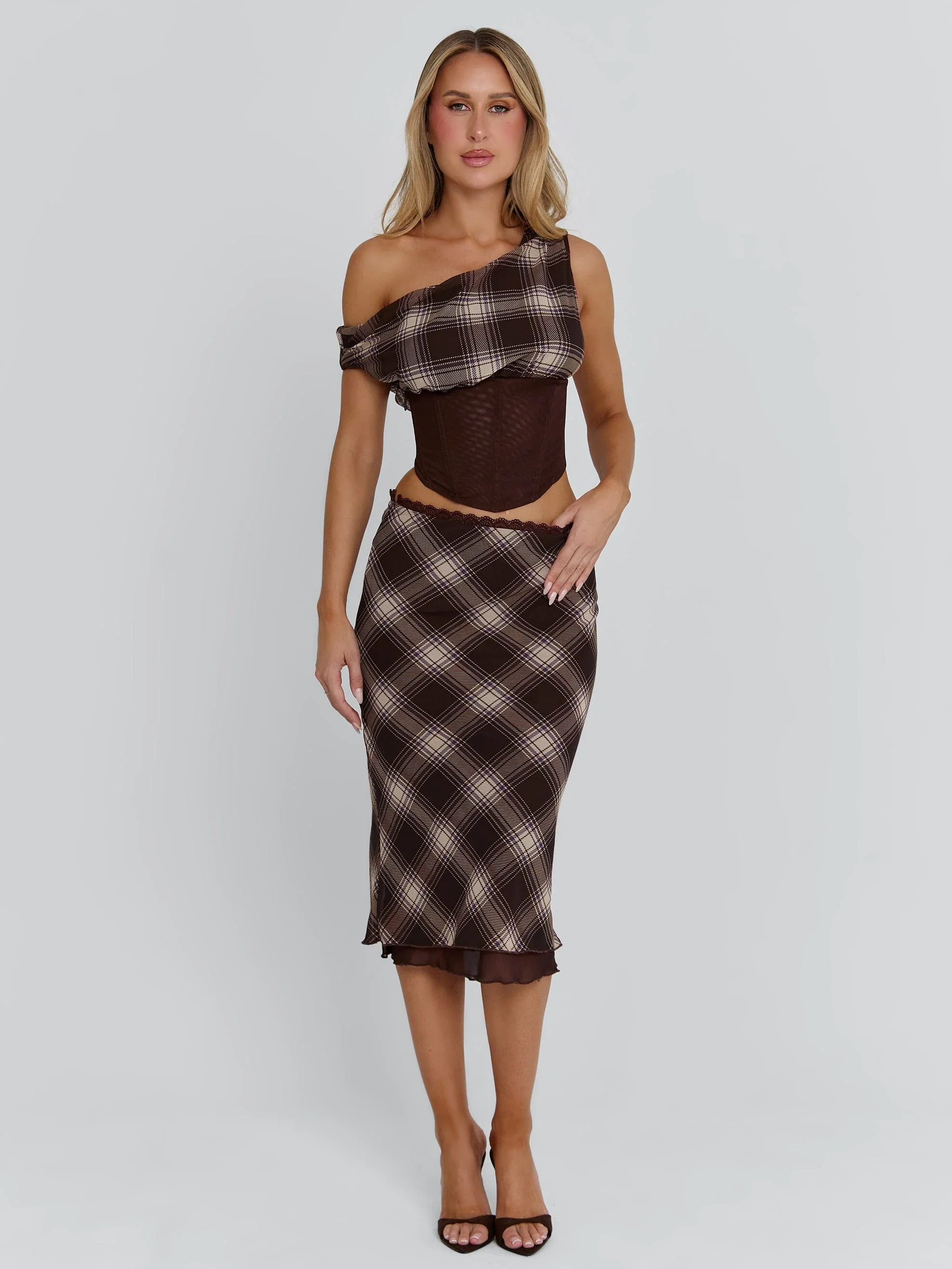 Ellapink NARELLE MIDI SKIRT BROWN CHECK
