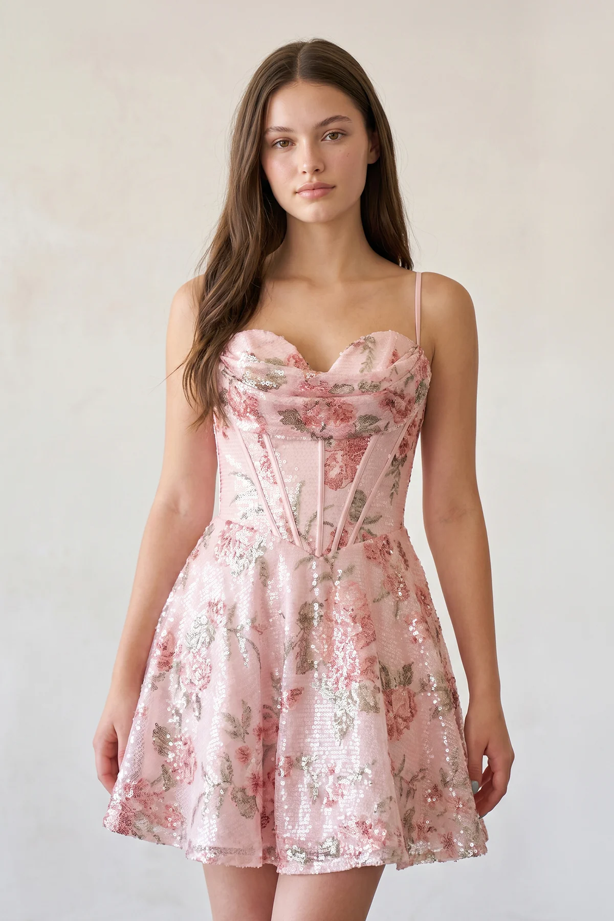 Pink - A Line Short Floral Cowl Neckline Corset Homecoming Dresses