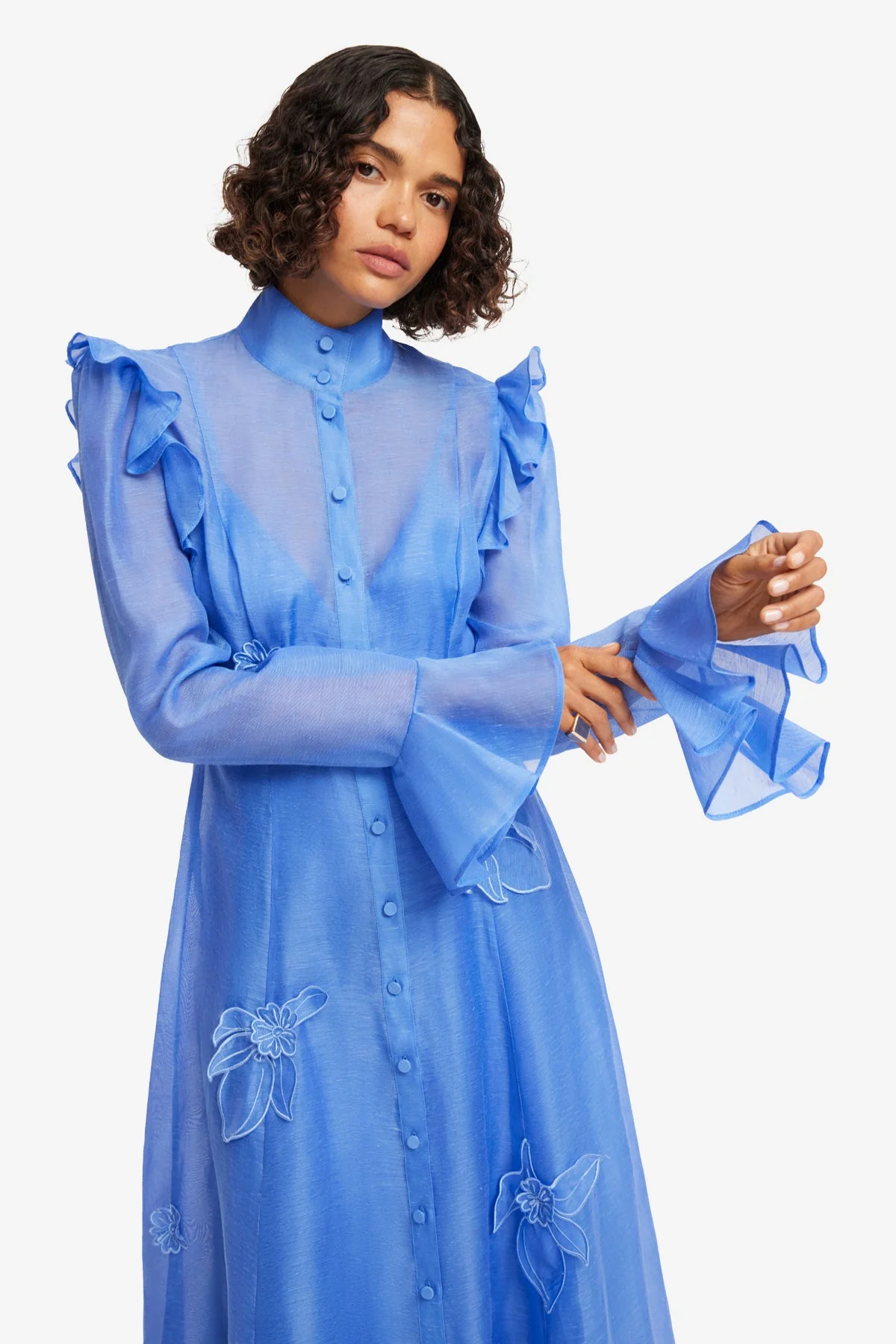 Katrina Appliqué Butterfly Sleeve Midi Dress - Azure