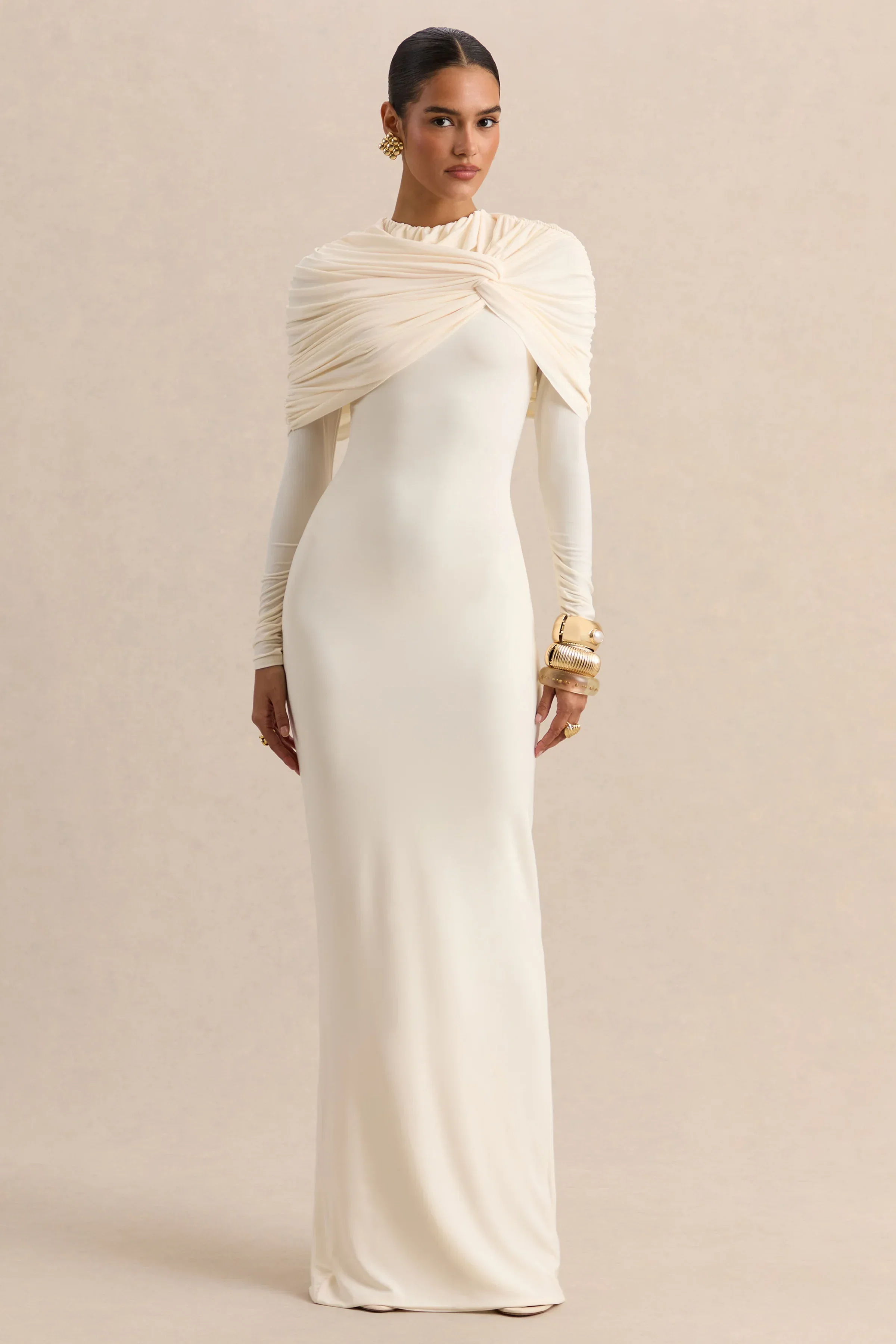 Evessa | Cream High-Neck Maxi Dress With Gathered-Detailing