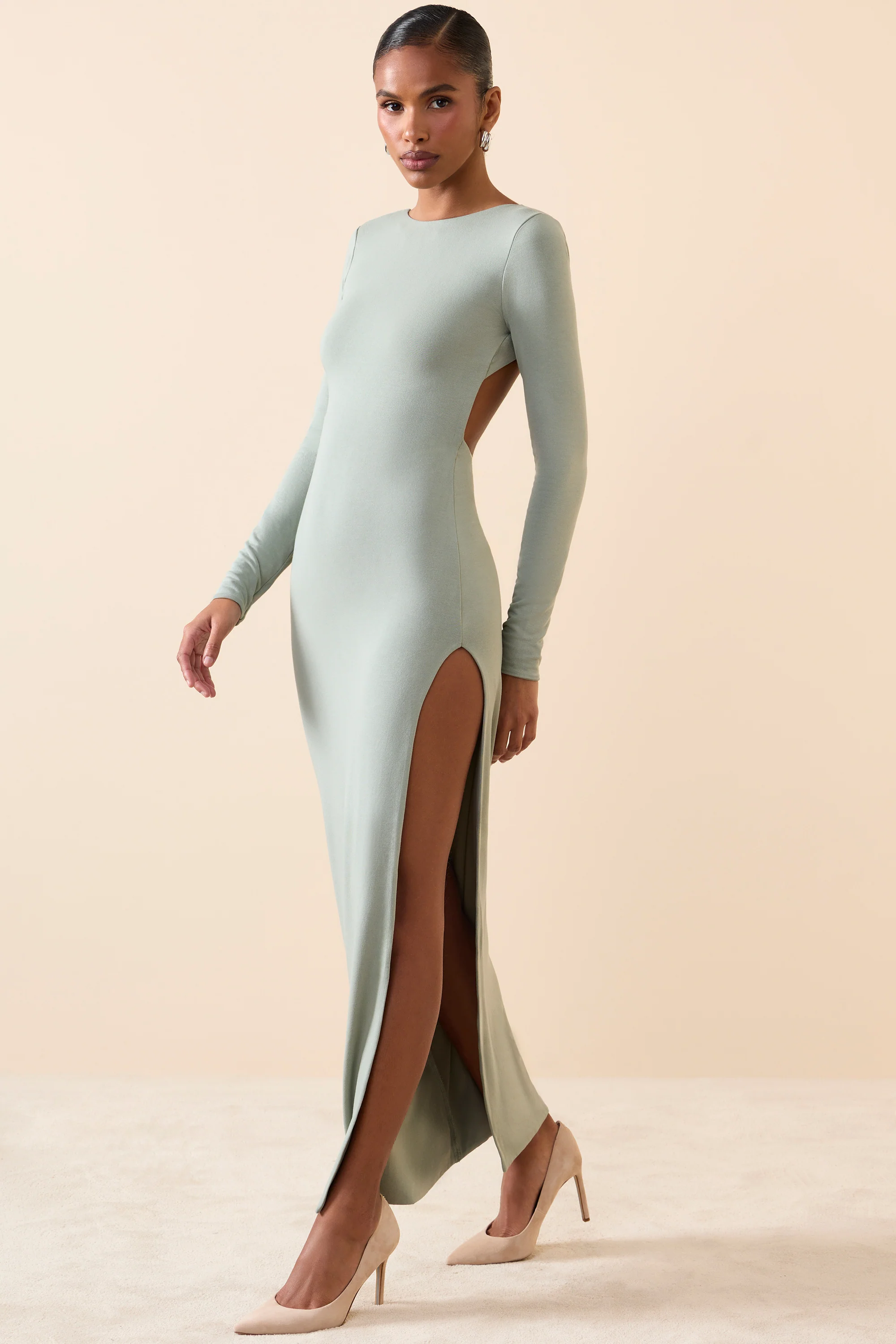 Long Sleeve Backless Maxi Dress in Smoke Green