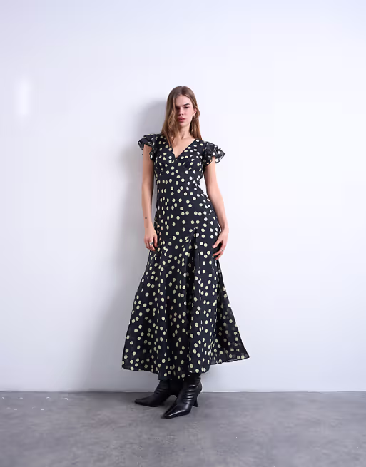 Topshop flutter sleeve v neck midi dress in mono spot