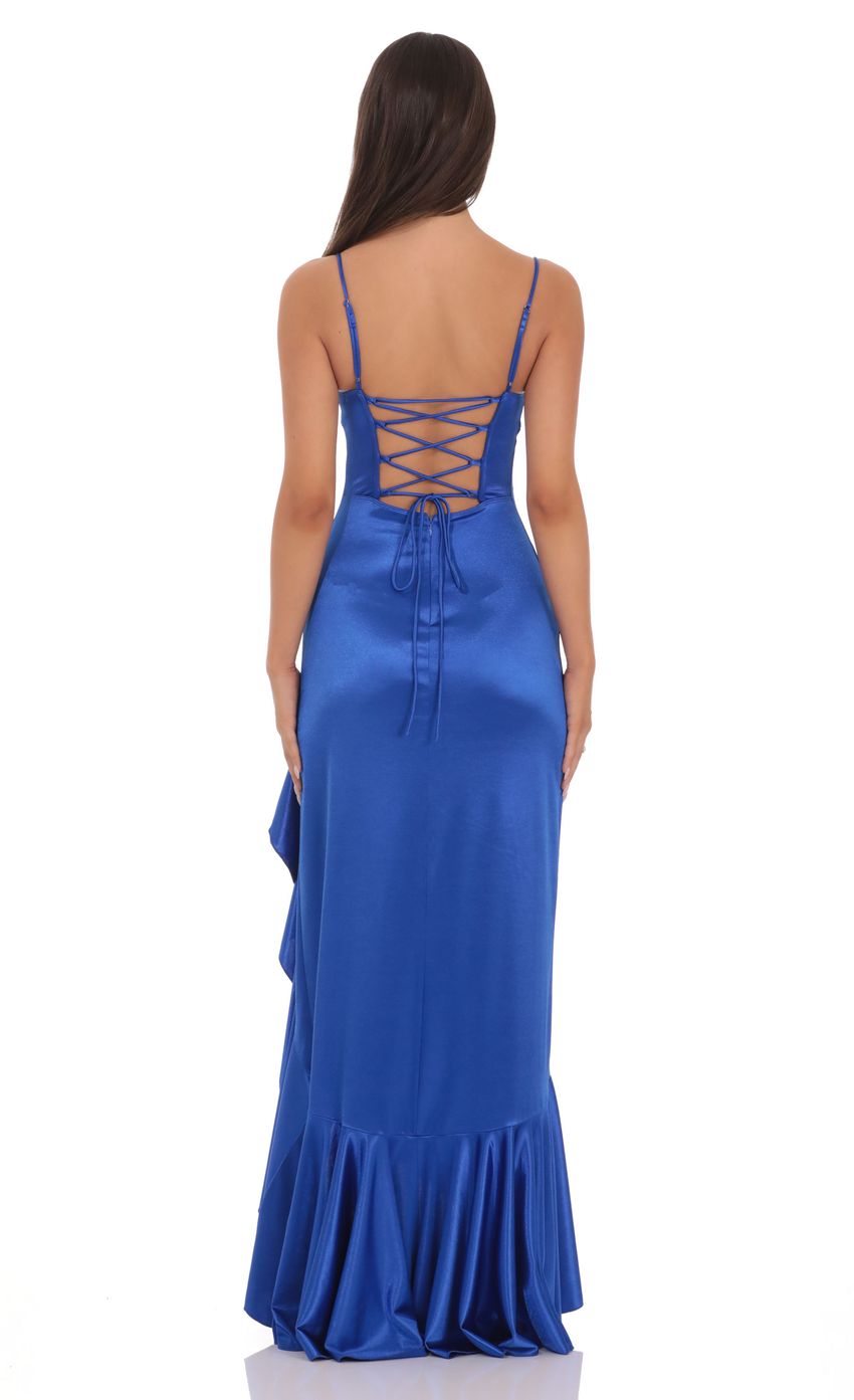 Satin Ruffle Maxi Dress in Royal Blue