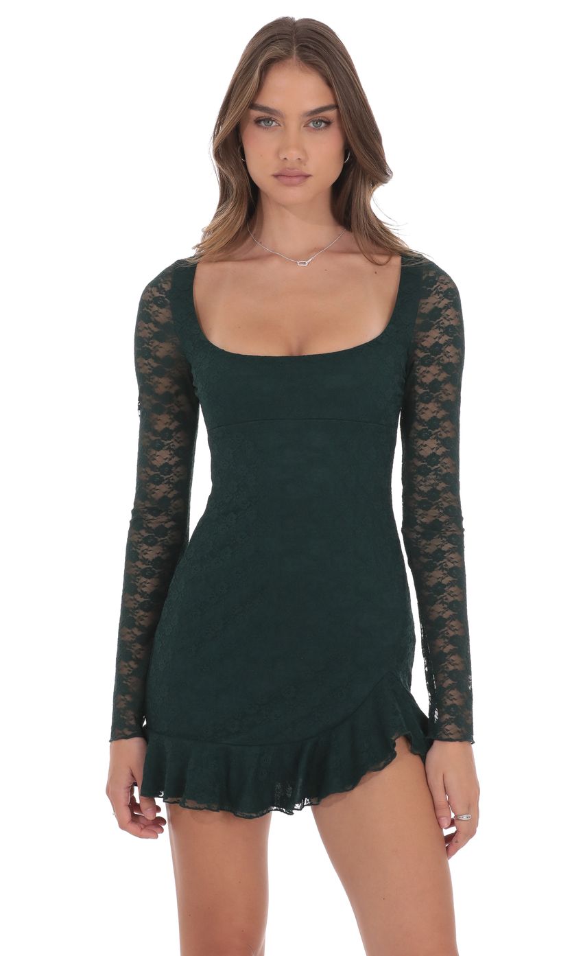Lace Ruffle Long Sleeve Dress in Green