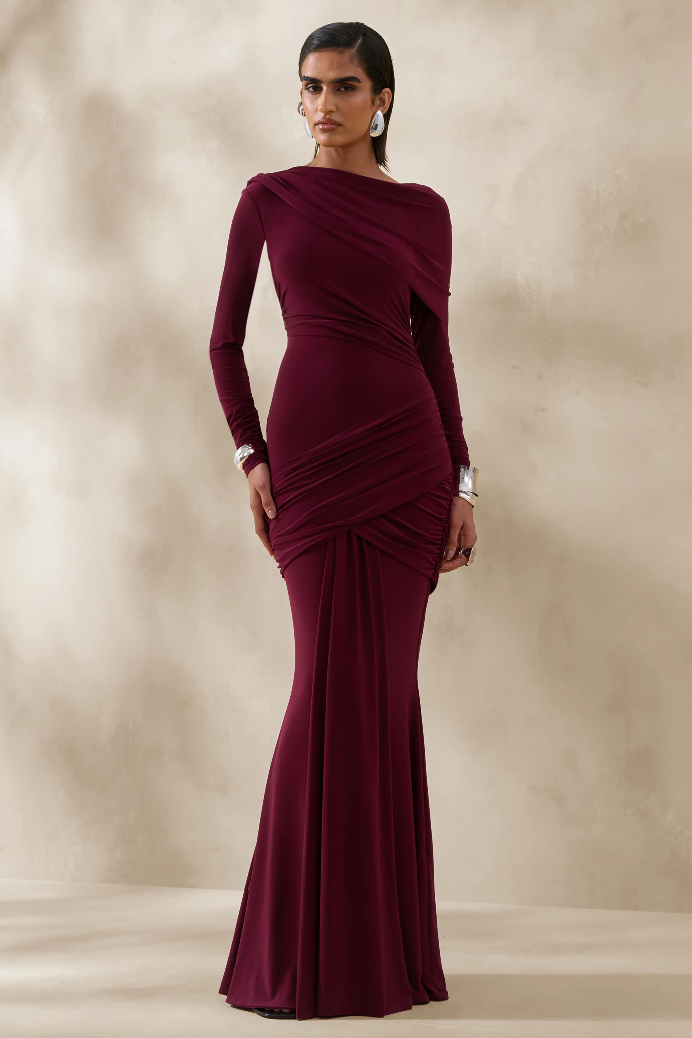 Kessara | Burgundy Asymmetric-Neck Maxi Dress With Sash And Gathered-Detailing