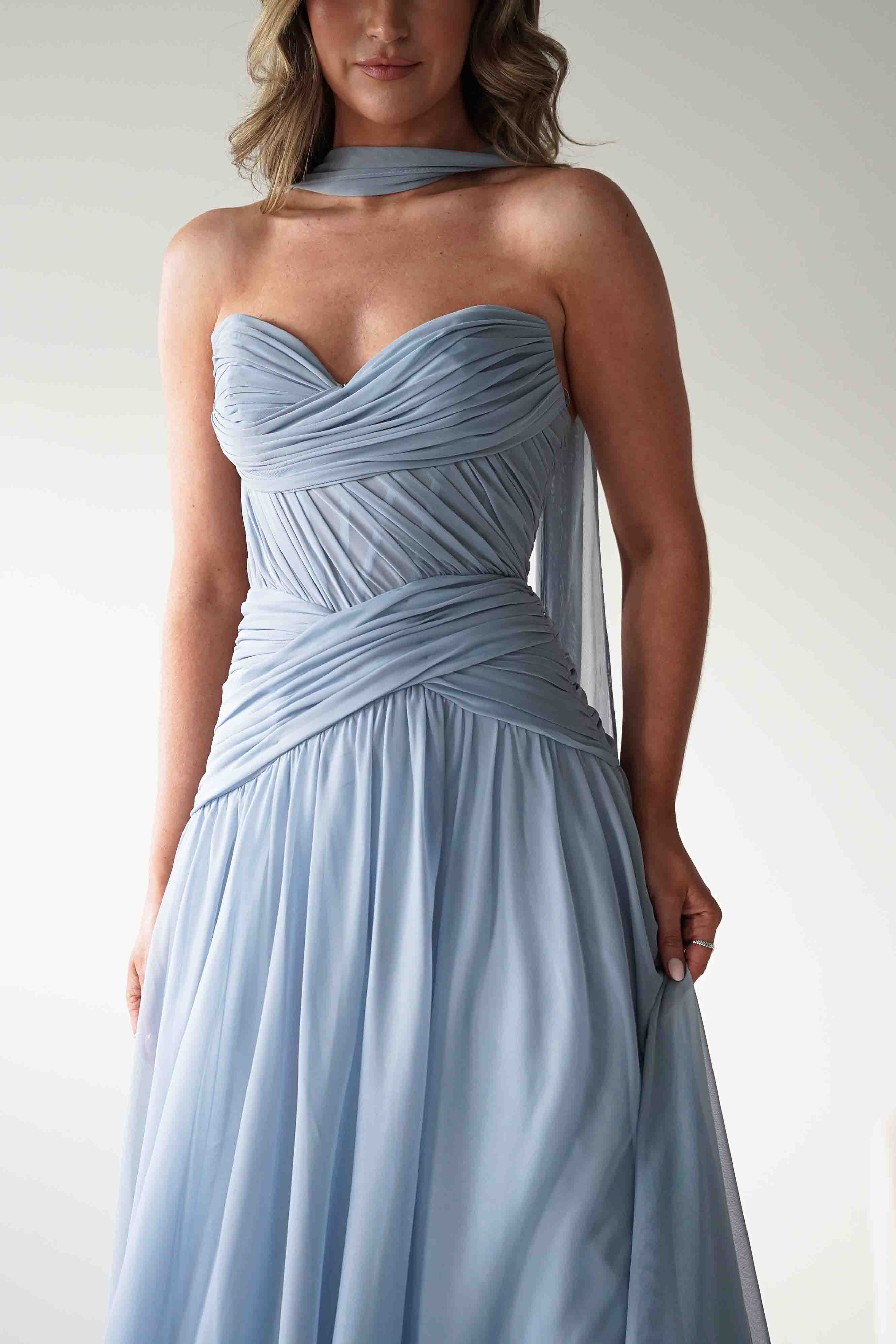 Nicolette Strapless Chiffon Maxi Gown | Dusty Blue