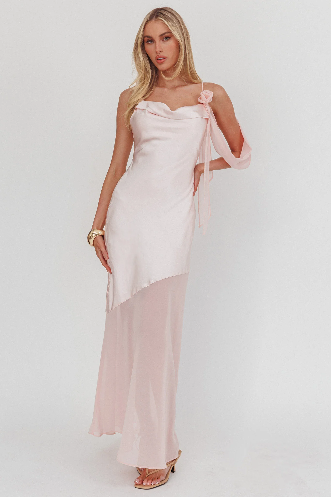 Gilded Dream Shoulder Detail Chiffon Hem Maxi Dress Blush - luluinthesky