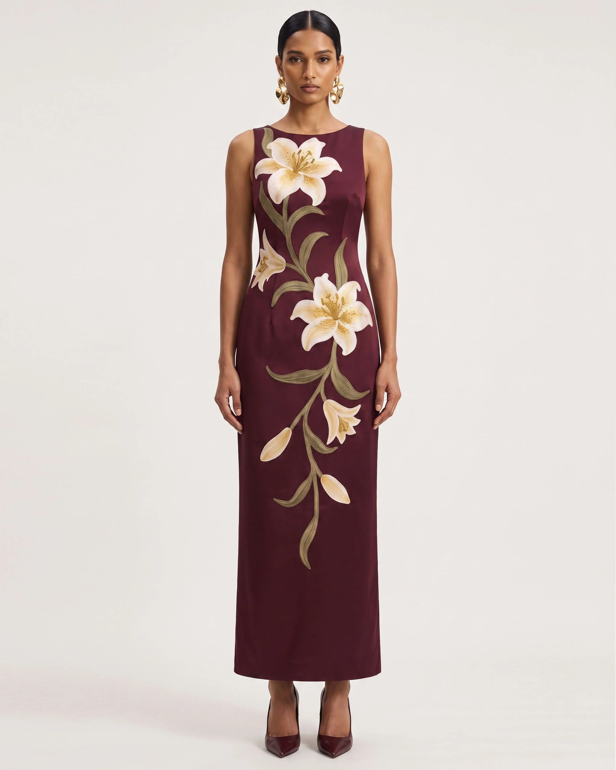Lily Floral Print Sleeveless Column Maxi Dress - Burgundy
