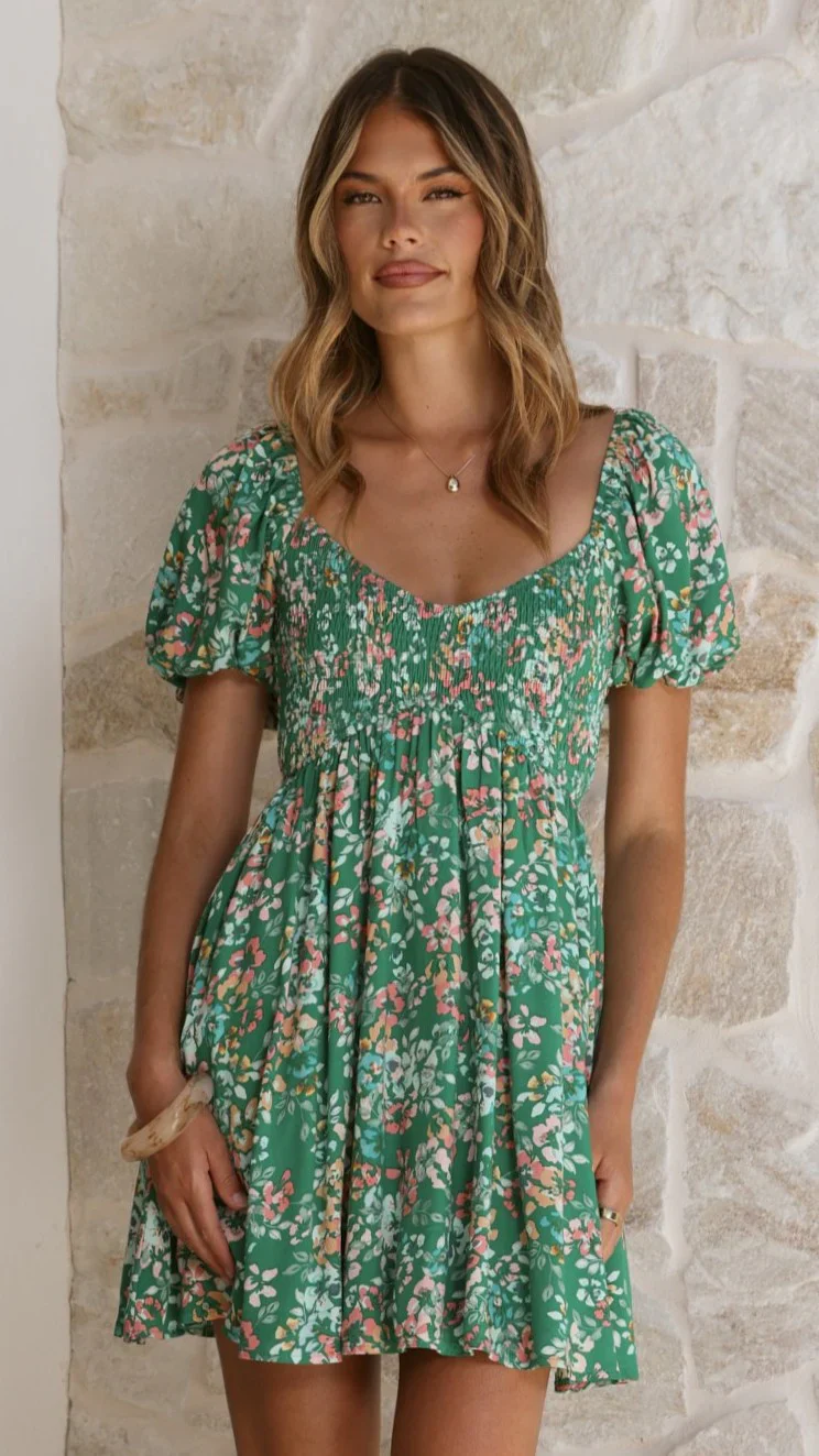 Sahirah Mini Dress - Green Floral