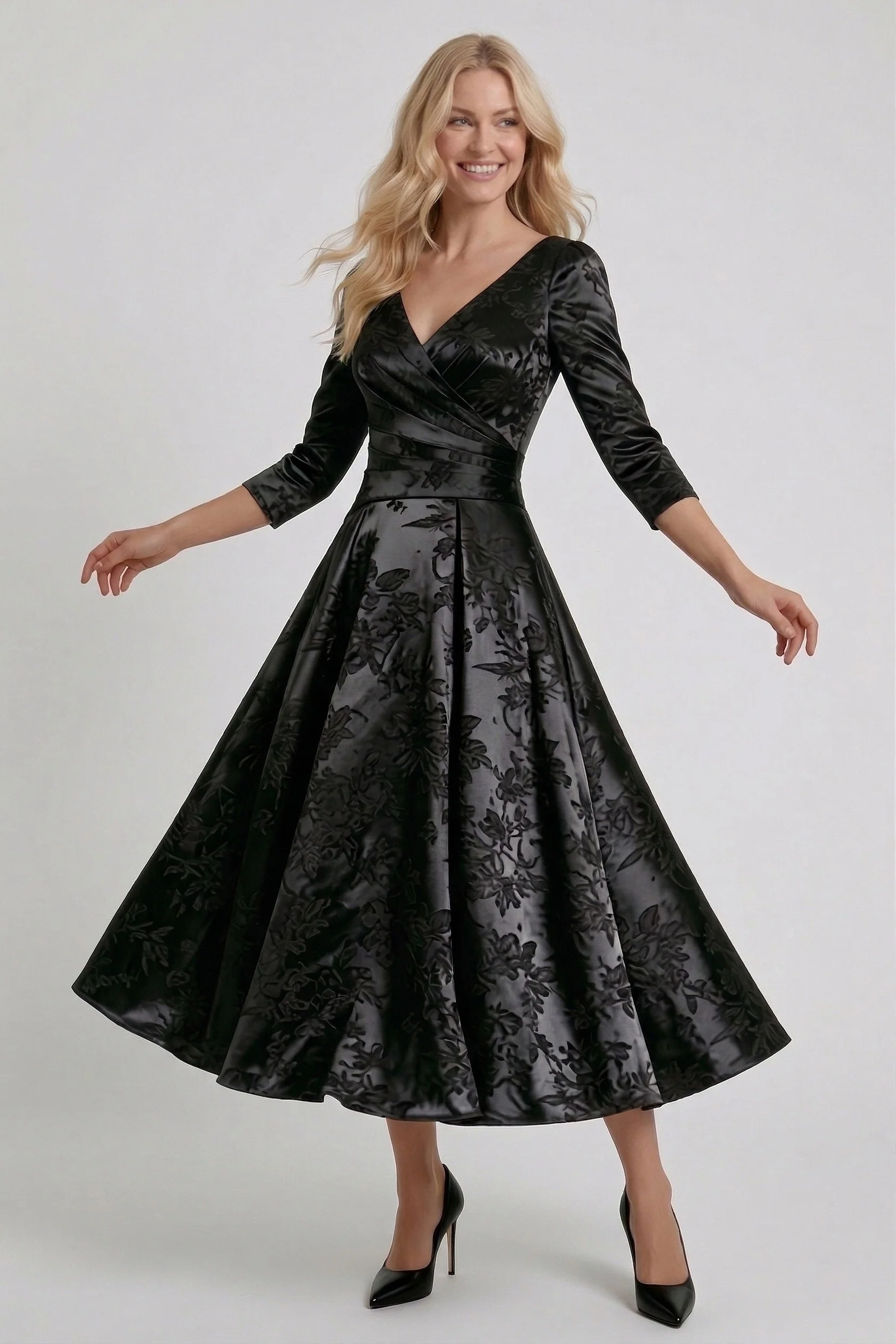 A-Line Tea-Length Jacquard Mother of the Bride Dress CM0415