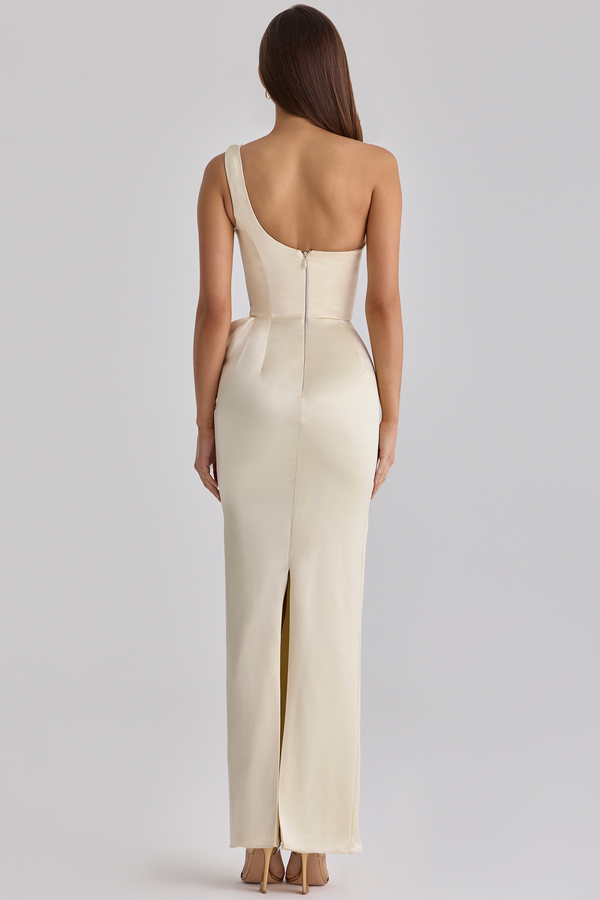 Lemon One Shoulder Satin Maxi Dress