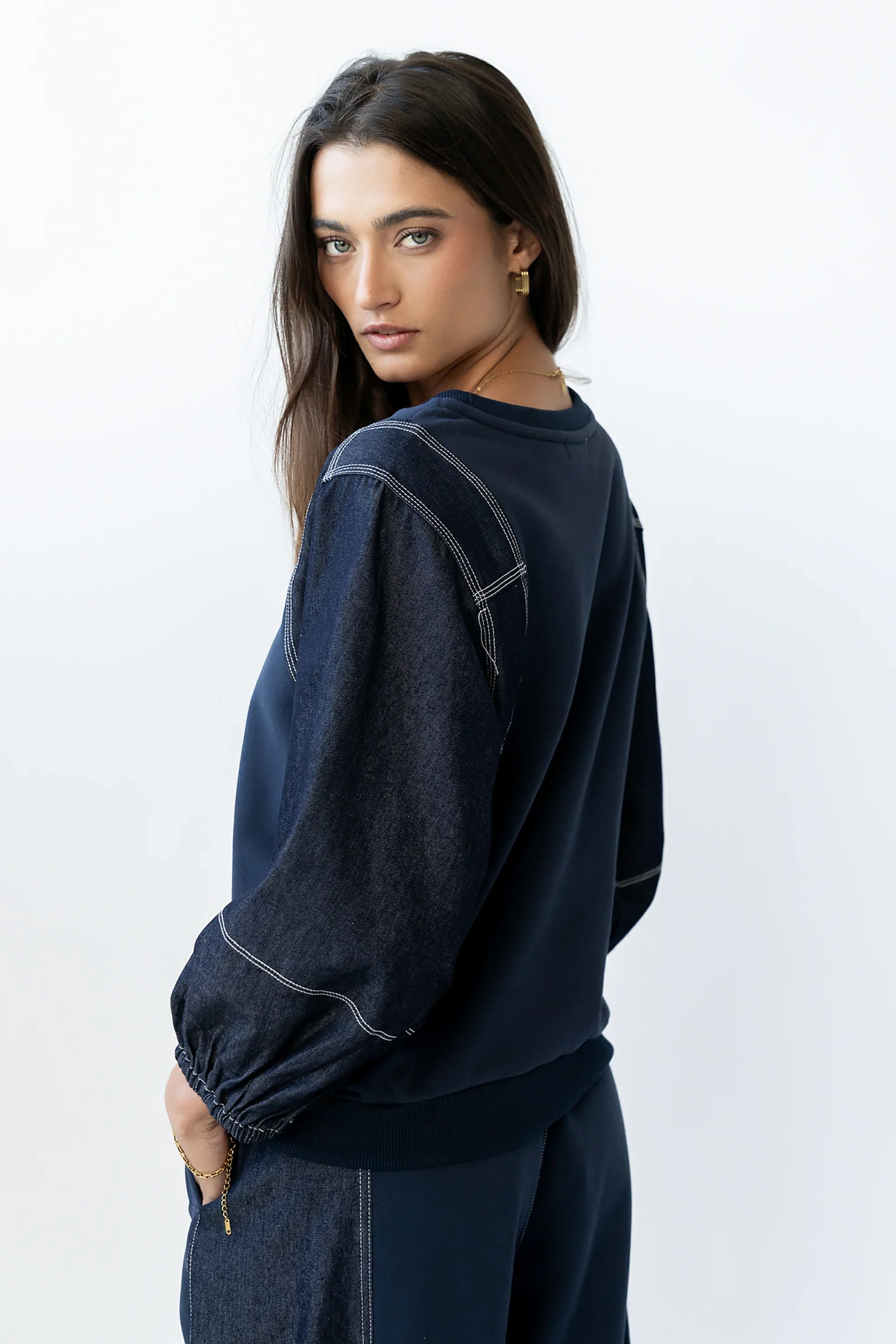 Malinda Mixed Media Top in Dark Wash