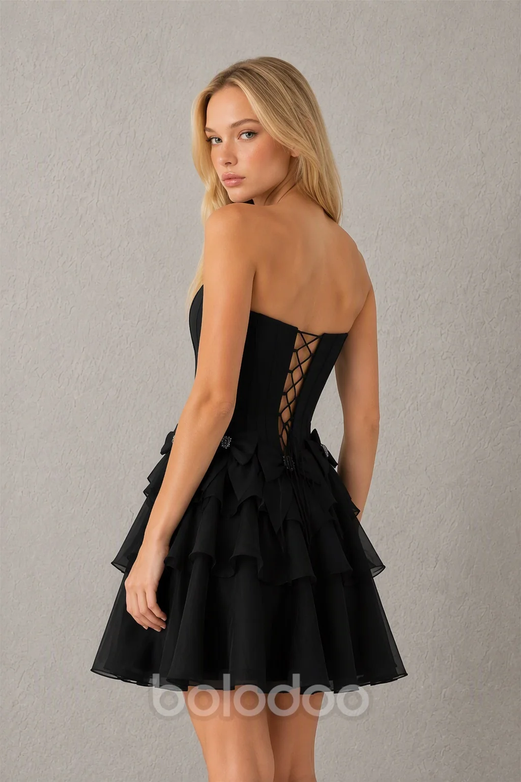 BOLODOO black Organza Bow Corset Strapless Tiered Ruffle Mini Dress – Prom, Homecoming & Cocktail Party Dress