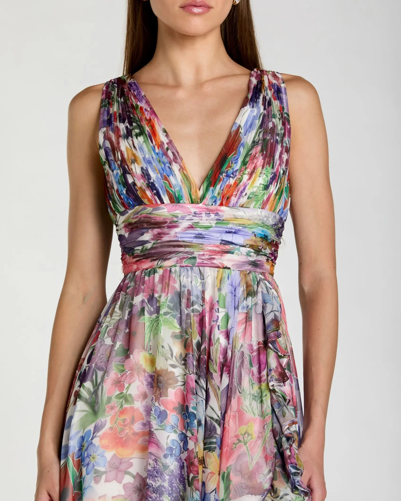 Multicolor Floral Chiffon Gown With Ruffle Slit - FASHION NOB