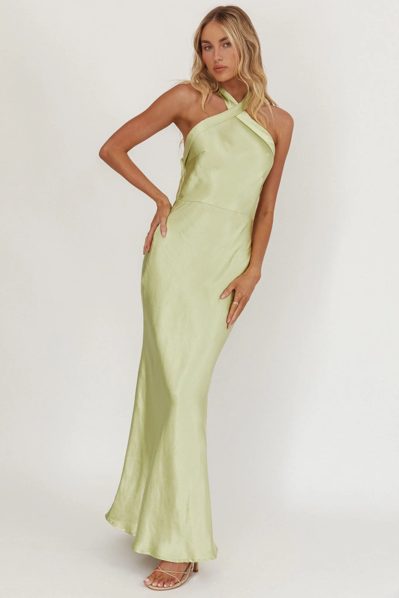 Italia Azure Crossover Halterneck Maxi Dress Pistachio - luluinthesky