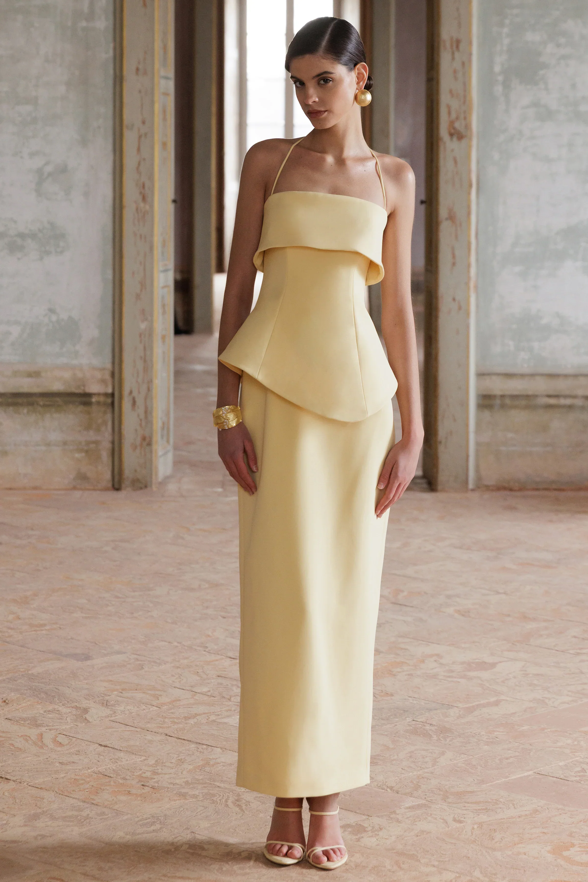 Fran | Lemon Square-Neck Corset Maxi Dress