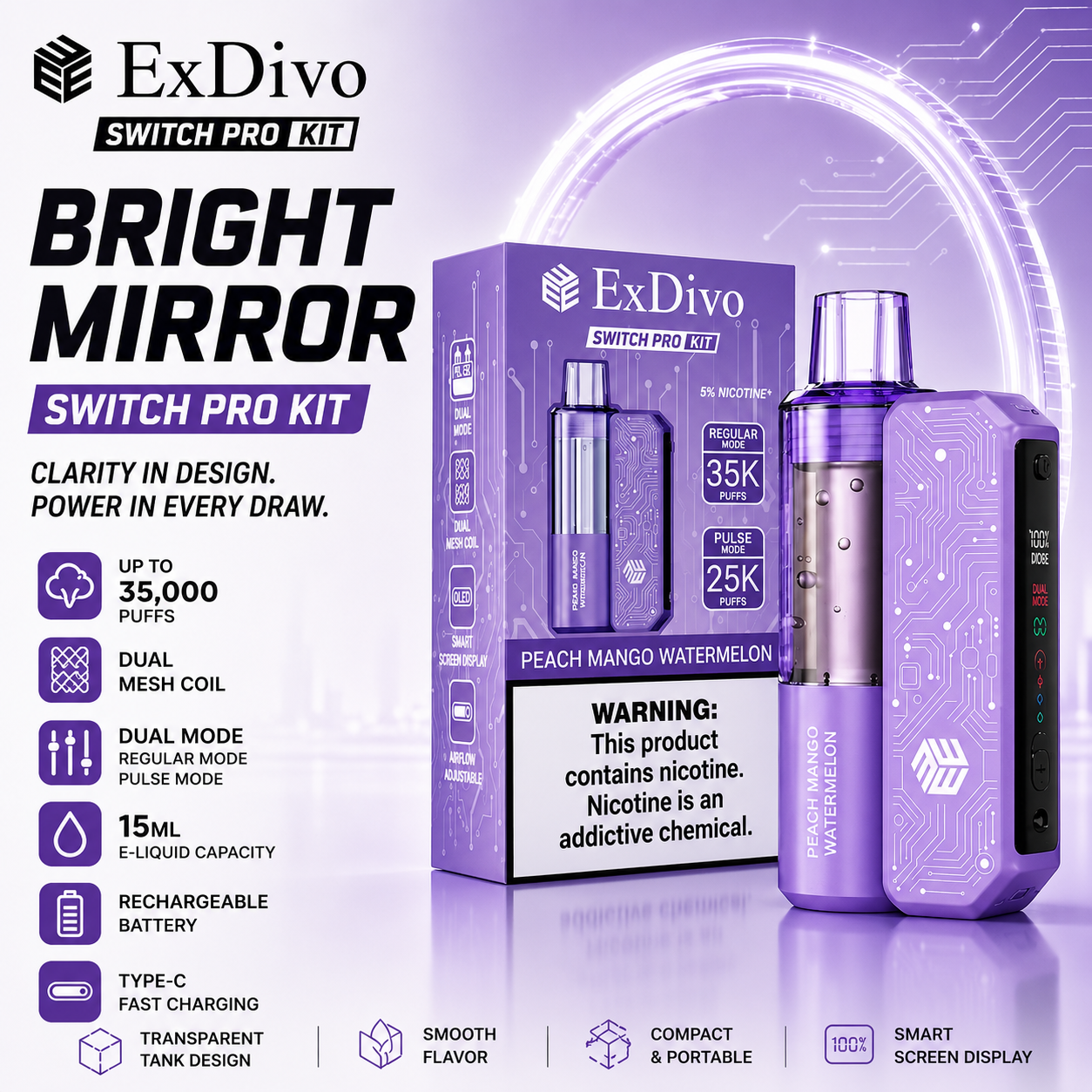 PEACH MANGO WATERMELON - ExDivo BRIGHT MIRROR 35K Replaceable VAPE kit