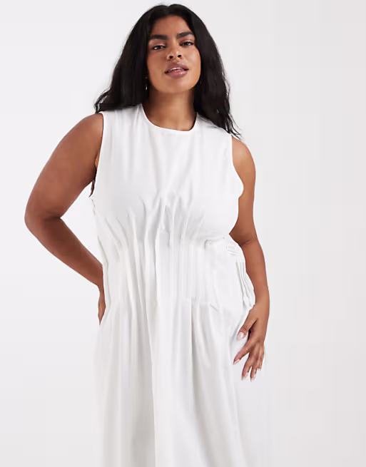 Vero Moda Curve poplin pleated waist sleeveless midi dress in white