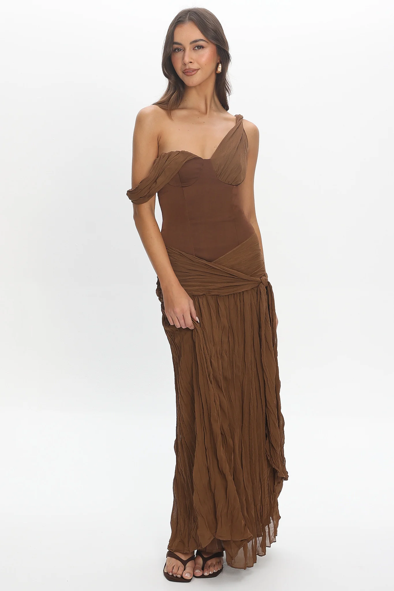 Keia Crepe Chiffon One-Shoulder Maxi Dress Chocolate