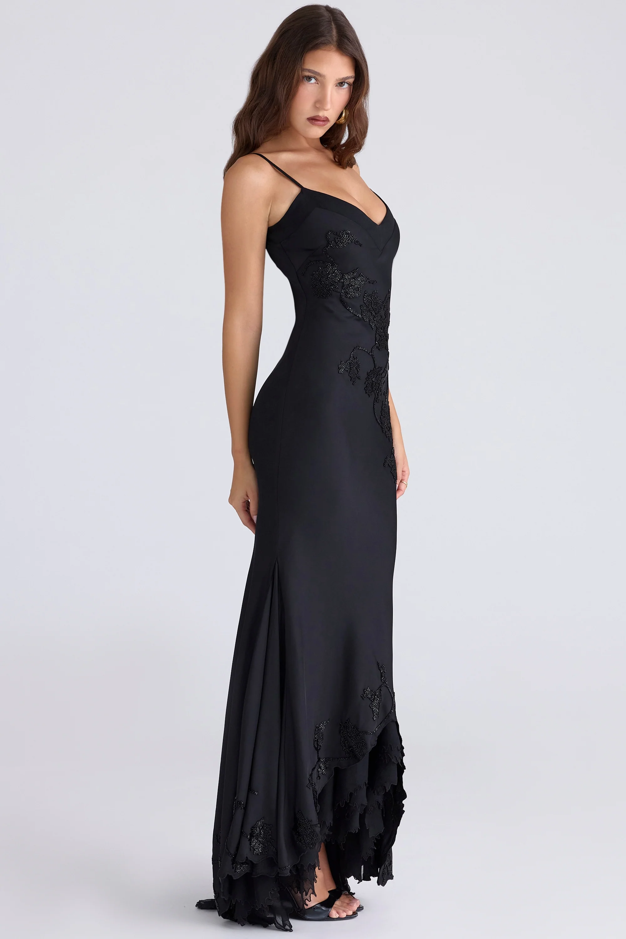 black hand beaded embellished satin maxi dress - limited edition - luluinthesky