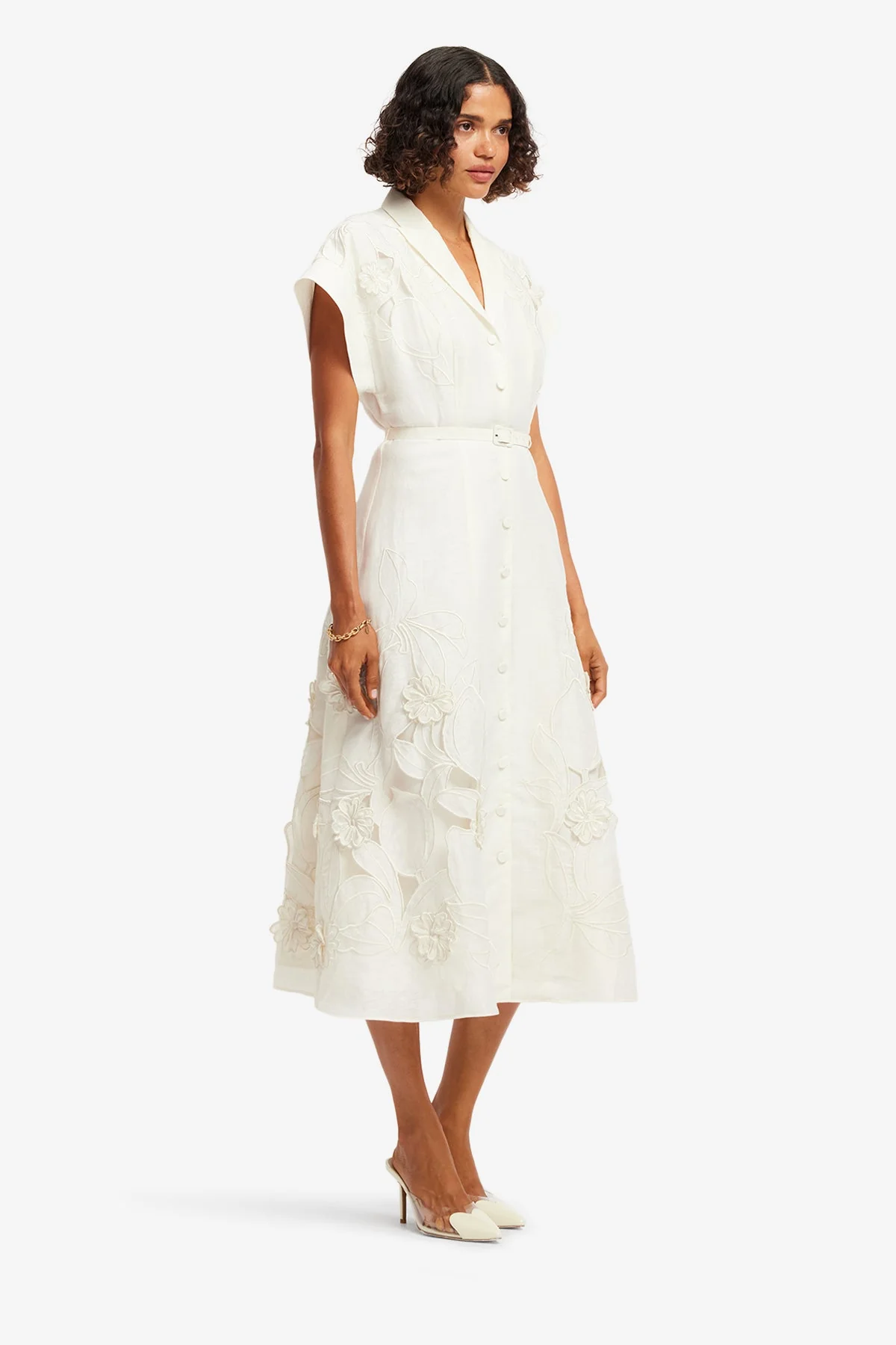 Aubrey Appliqué Shirt Midi Dress - Snow