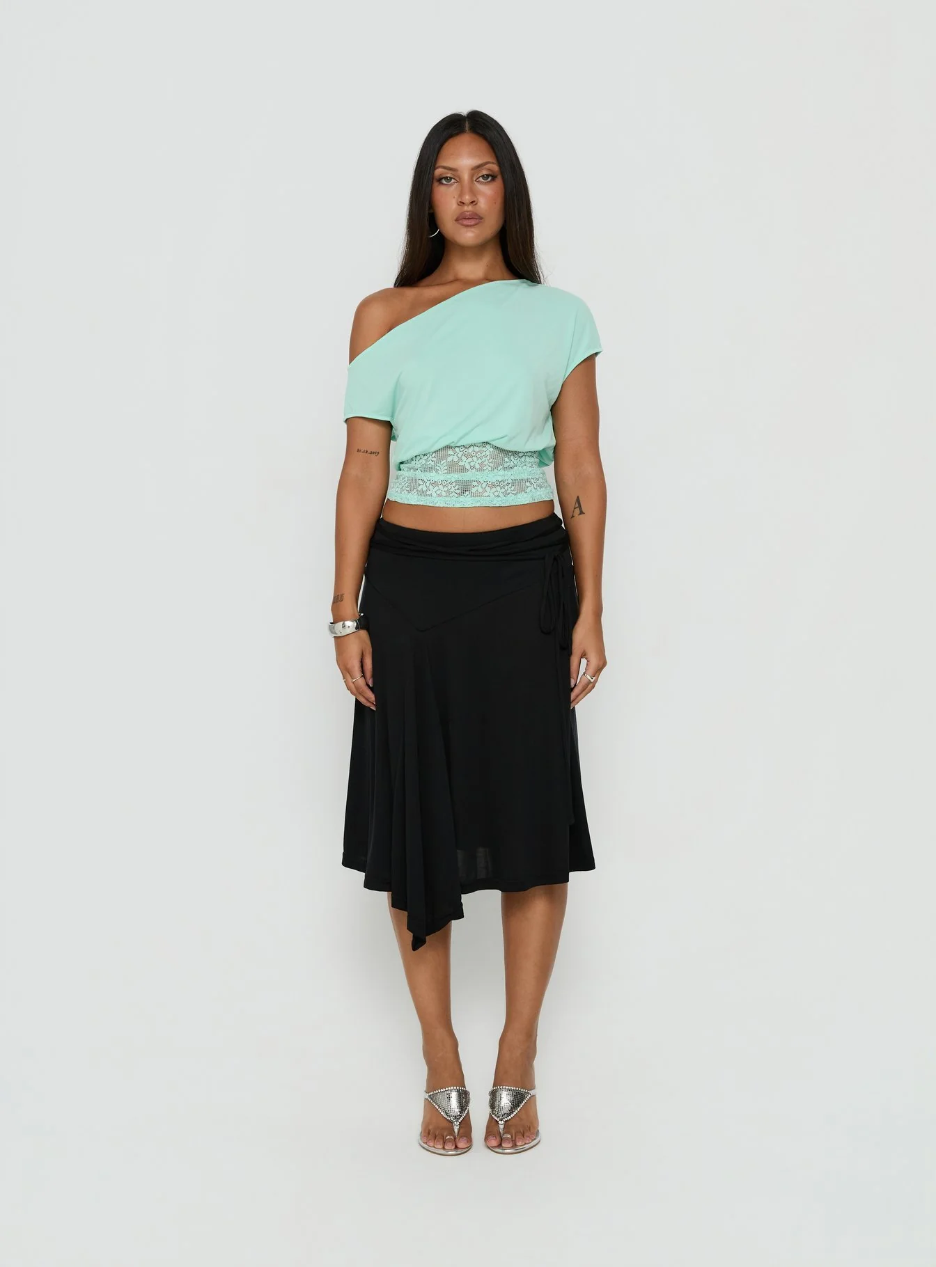 Marienna One Shoulder Lace Top Turquoise