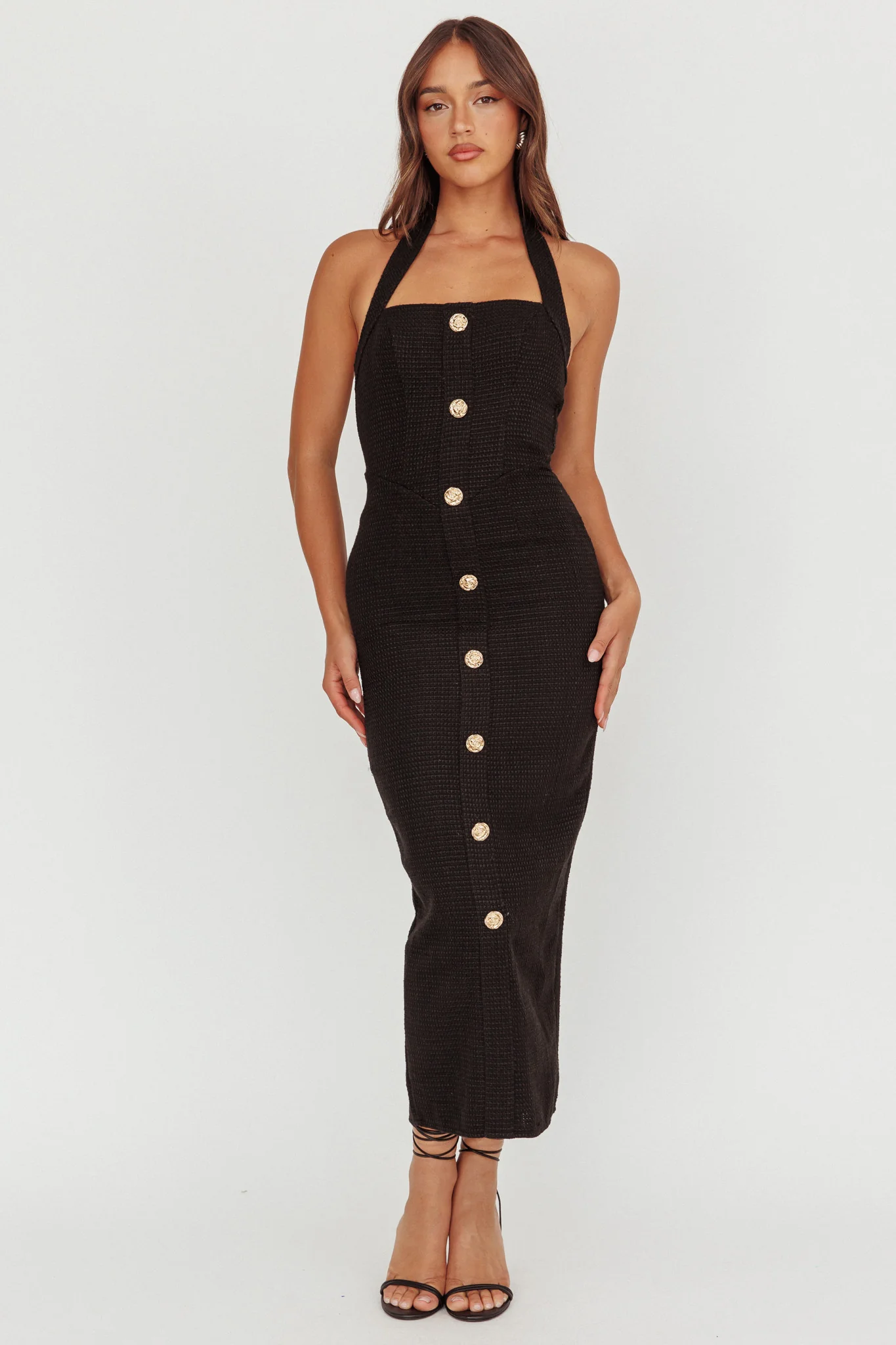 She Is Button Front Halter Midi Dress Tweed Black