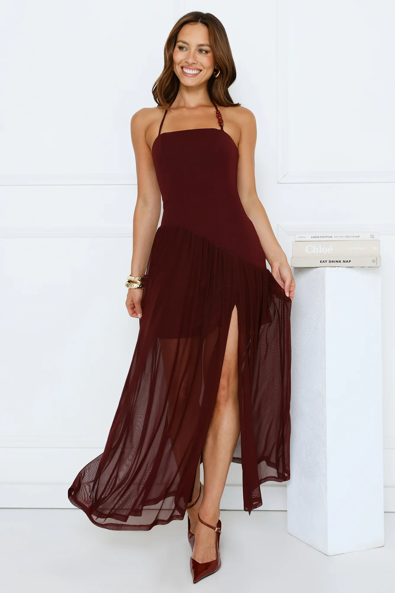 Champagne Evenings Halter Maxi Dress Burgundy