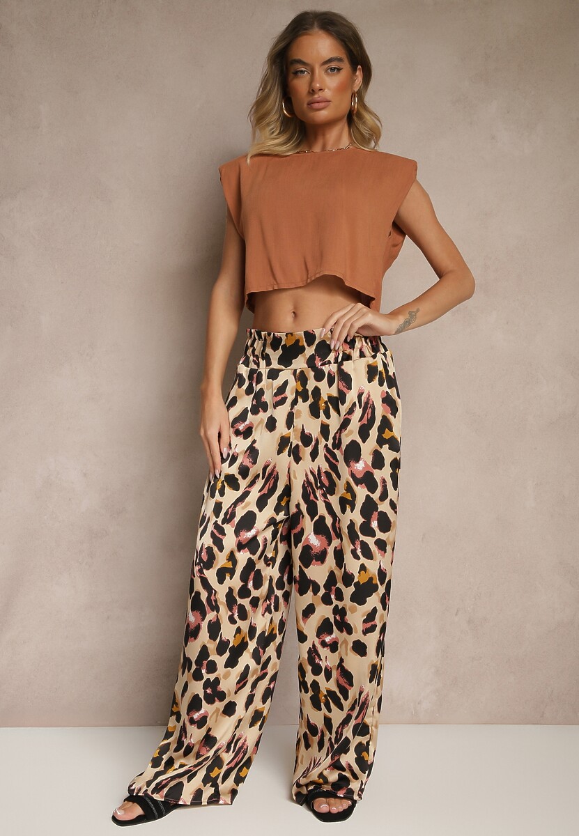 Różowo-Beżowe Panterkowe Spodnie o Szerokim Kroju Paper Bag High Waist Saliandra