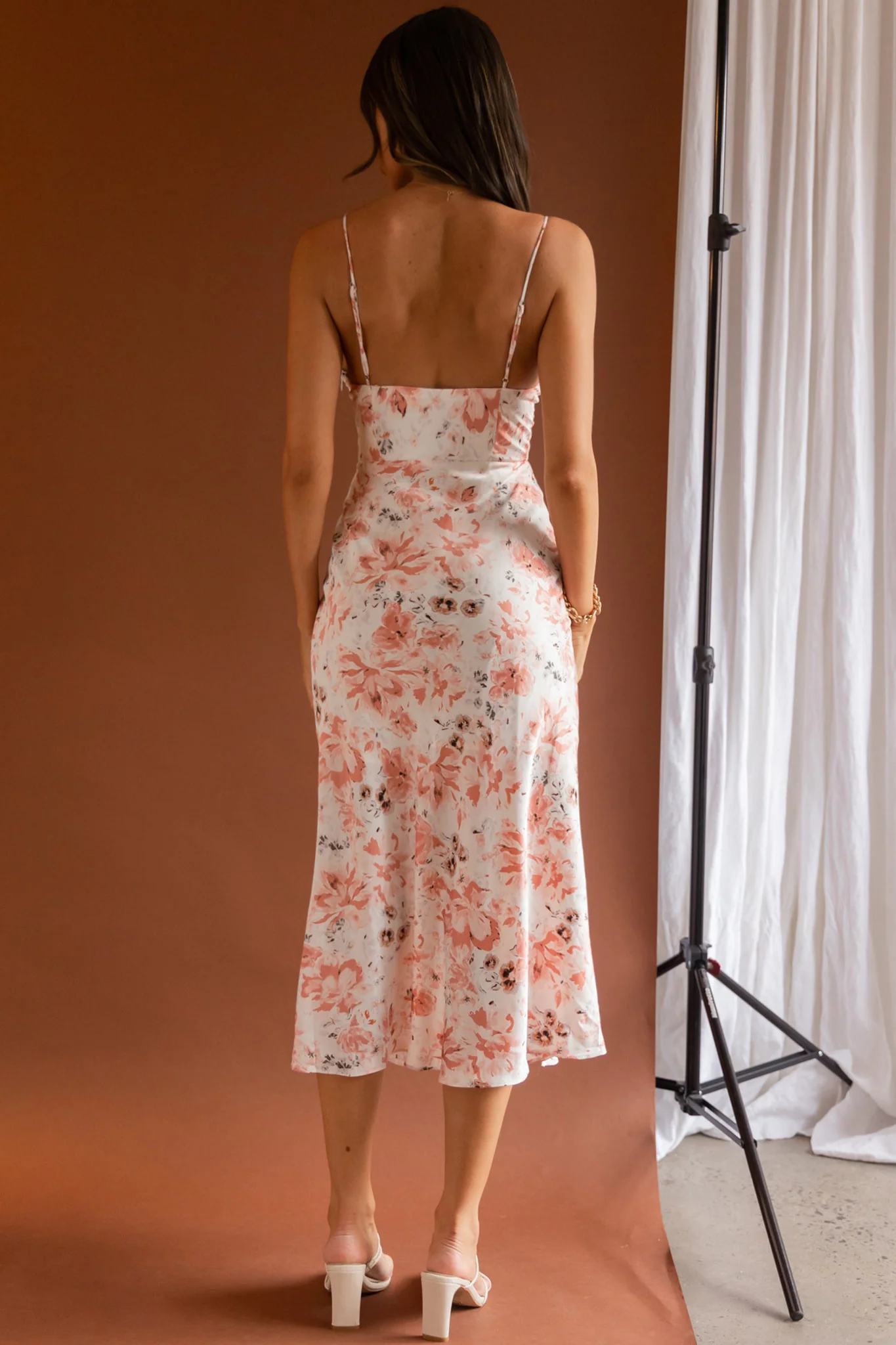 Malibu Gathered Bust Cami Strap Midi Dress Floral Pink