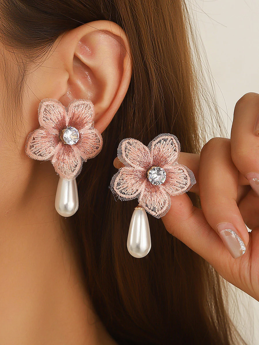 Flower Shape Rhine Stones Earrings Accessories
