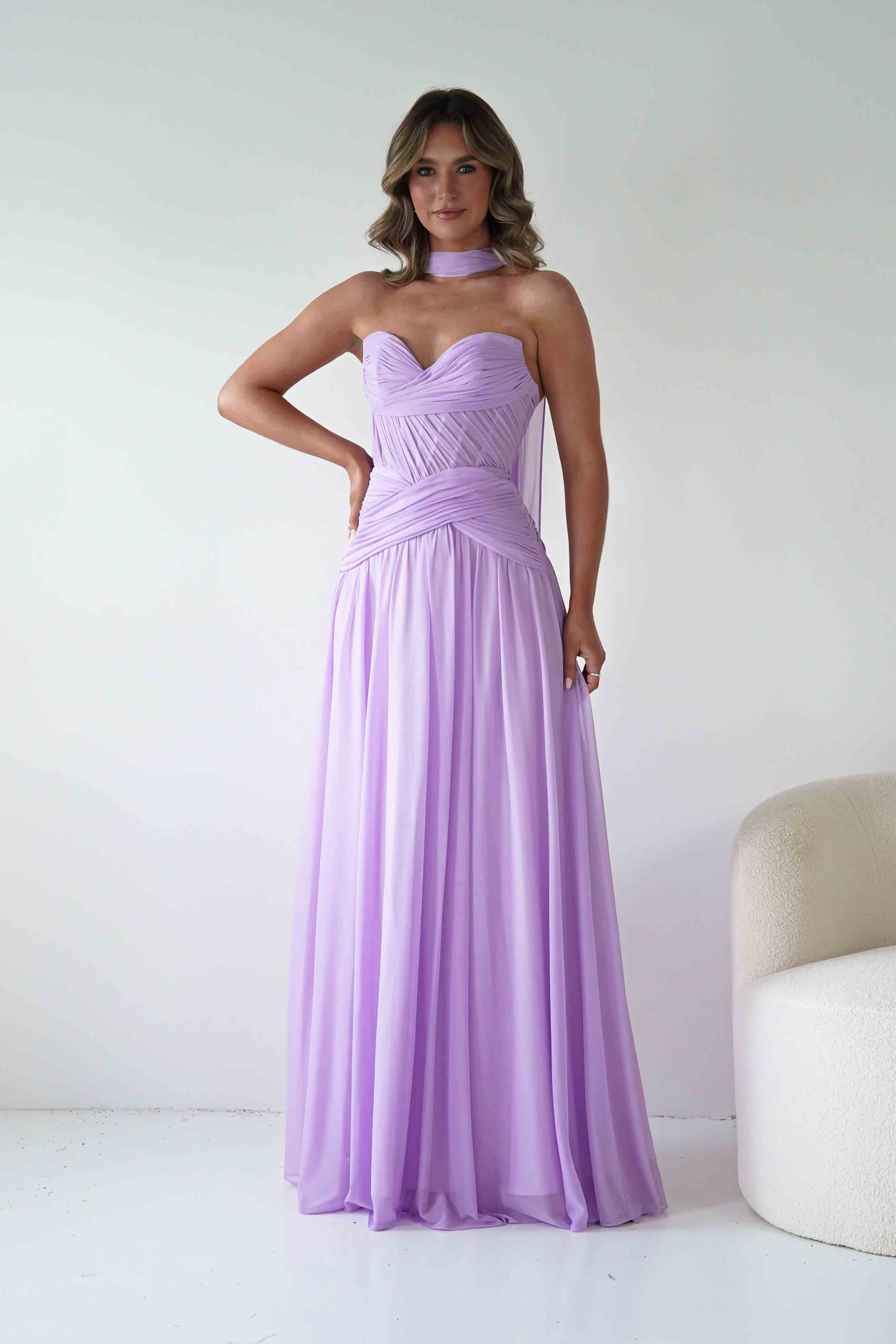 Nicolette Strapless Chiffon Maxi Gown | Lavender