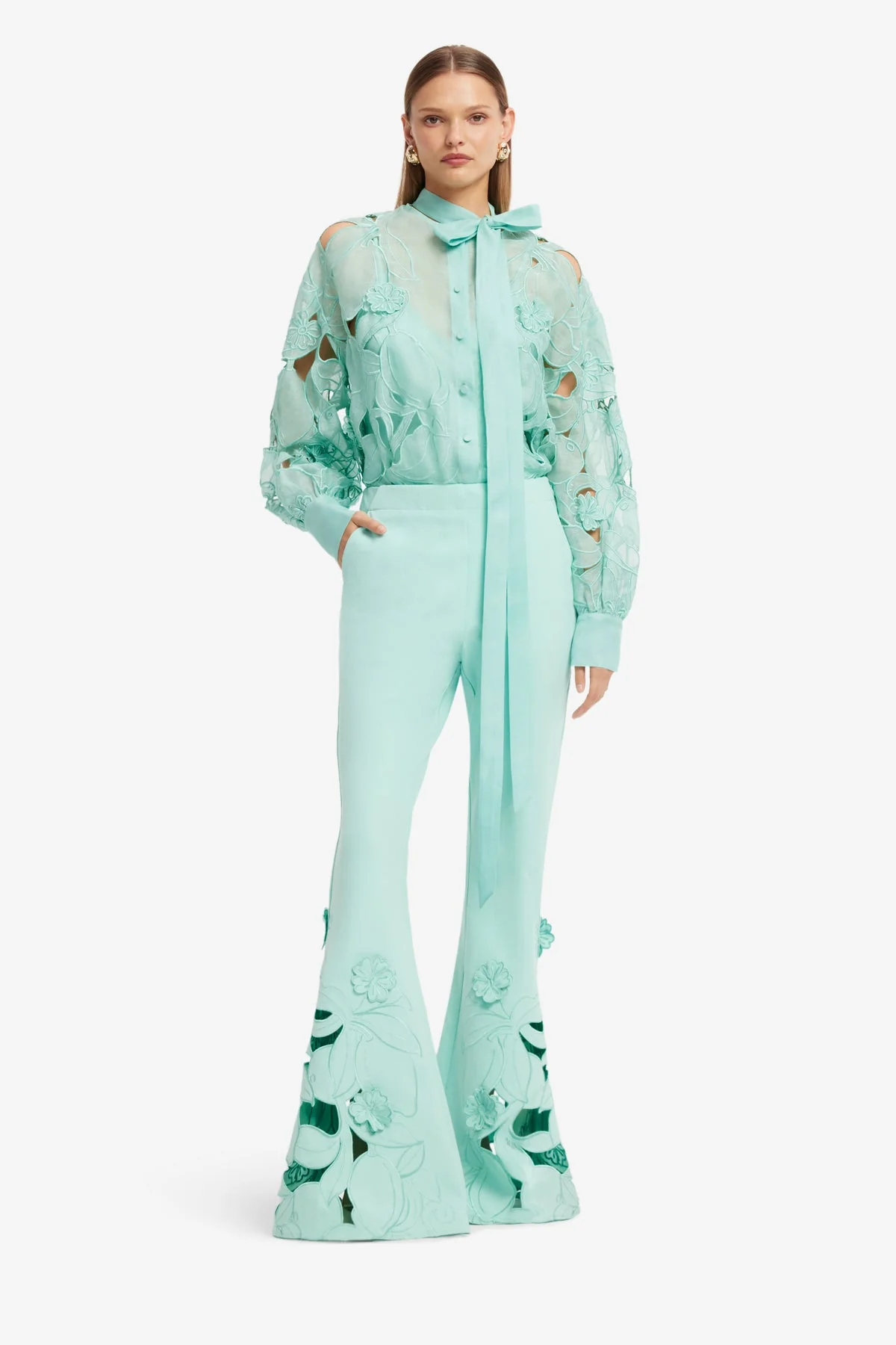 Vera Appliqué Flared Pants - Pale Turquoise