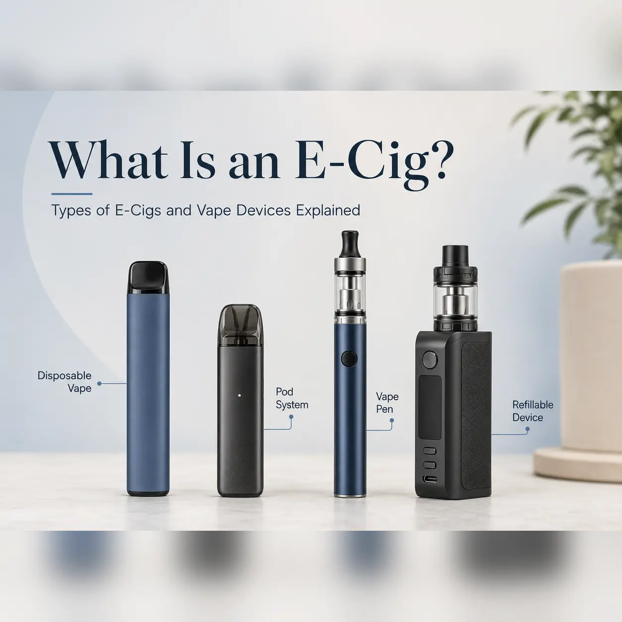 What is an e-cig guide cover showing disposable vape, pod system, vape pen, and refillable vape device types