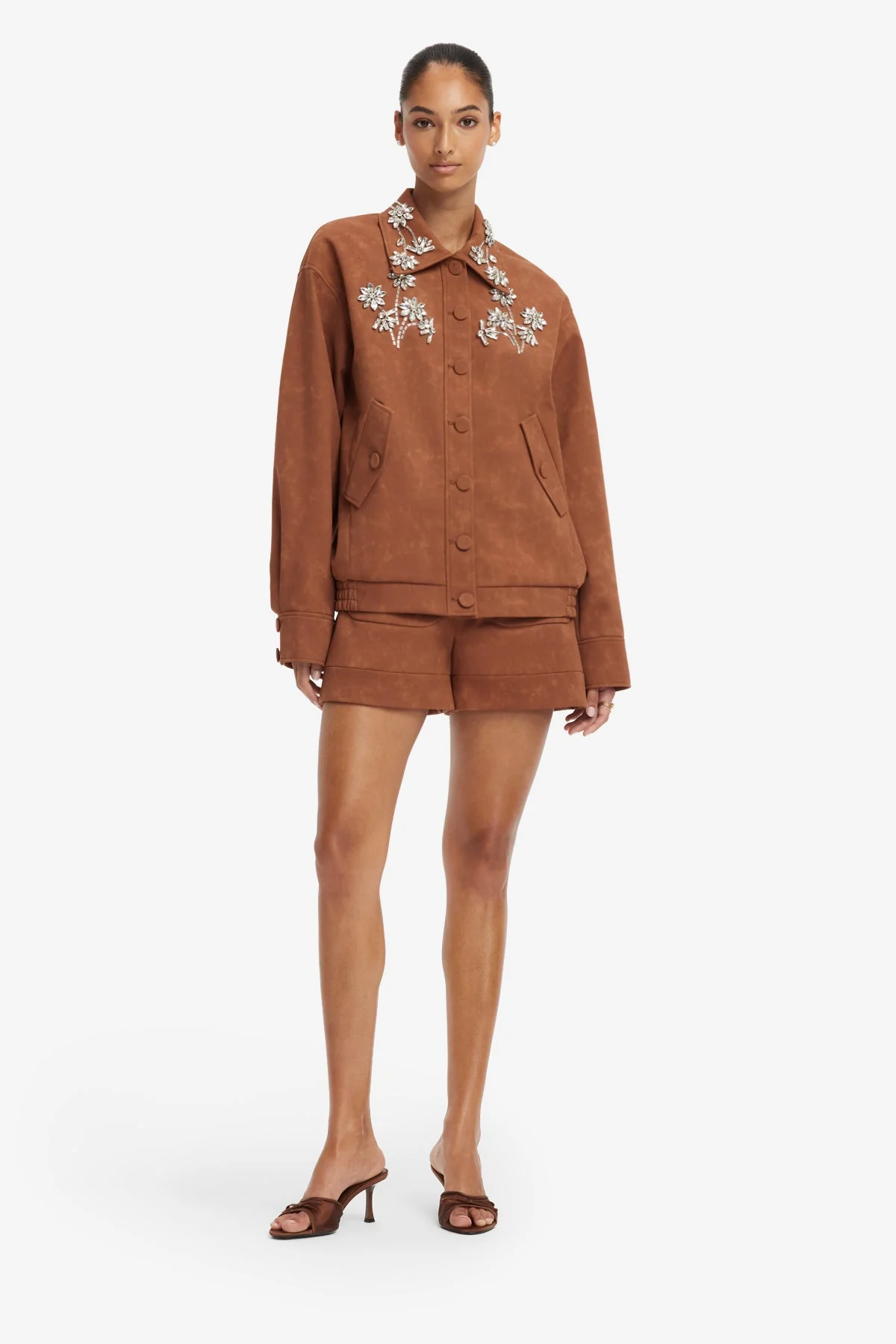 Astrid Embellished Vegan Suede Jacket - Chestnut
