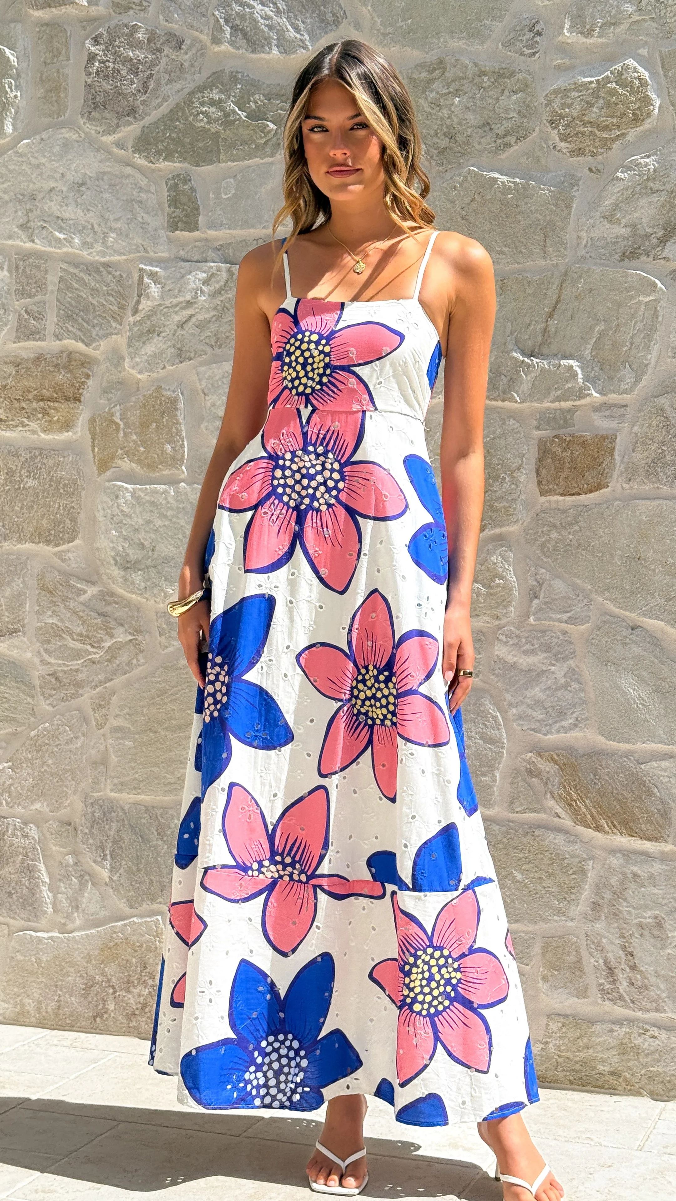 Norah Eyelet Maxi Dress - Botanic Blue/Pink Print