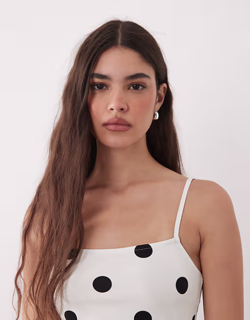 cami midi dress with side slit in buttermilk and black polka dots