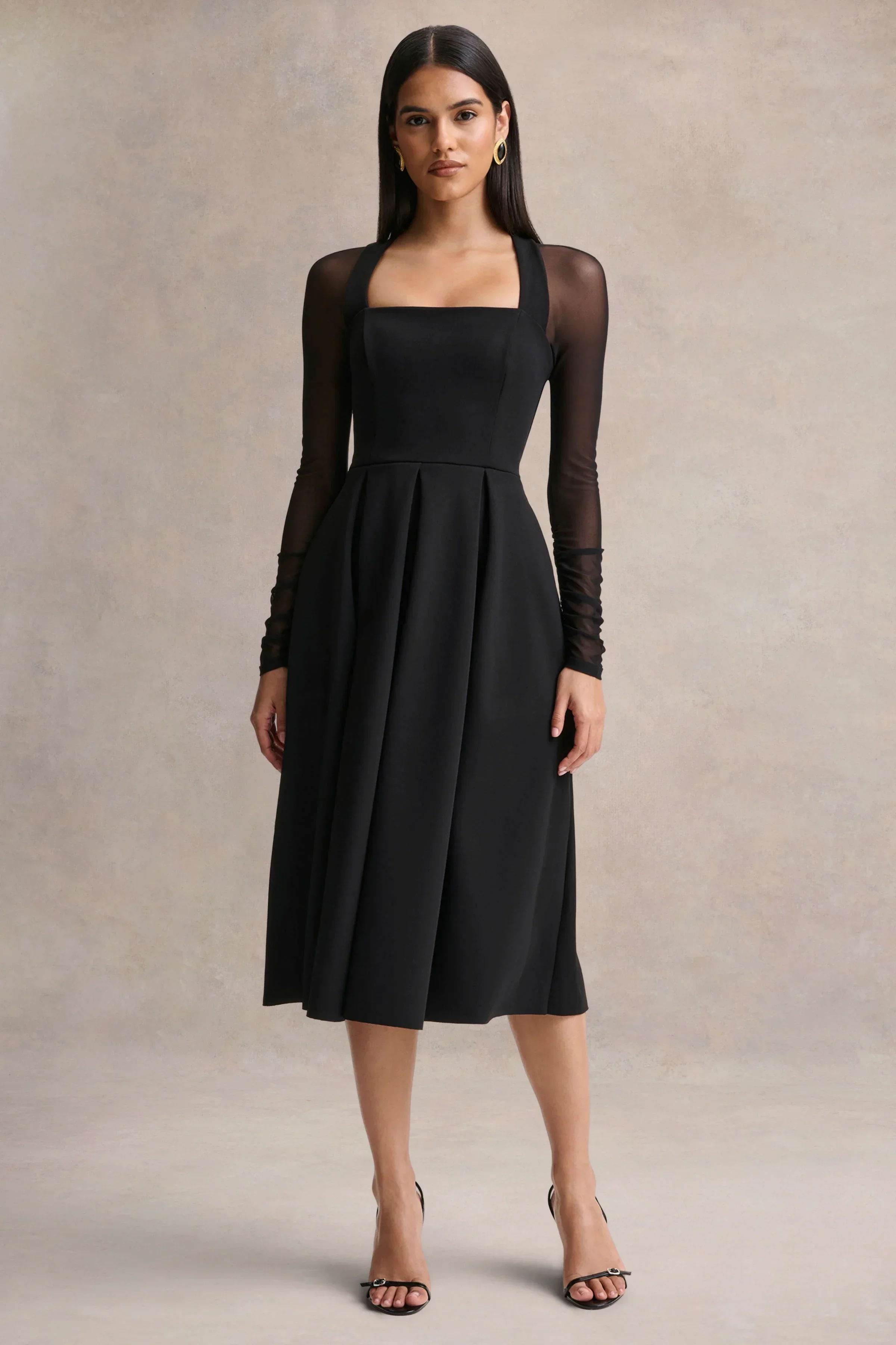 Melinda | Black Square-Neck Midi Dress With Mesh Detailing