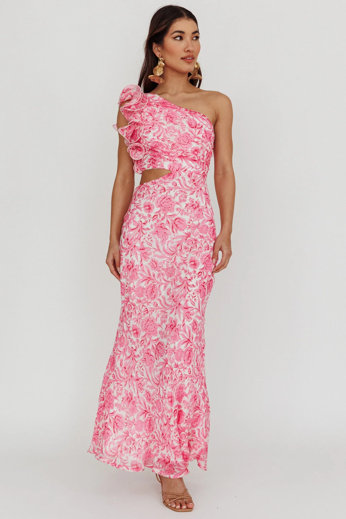 Deanna One-Shoulder Ruffle Midi Dress Floral Pink