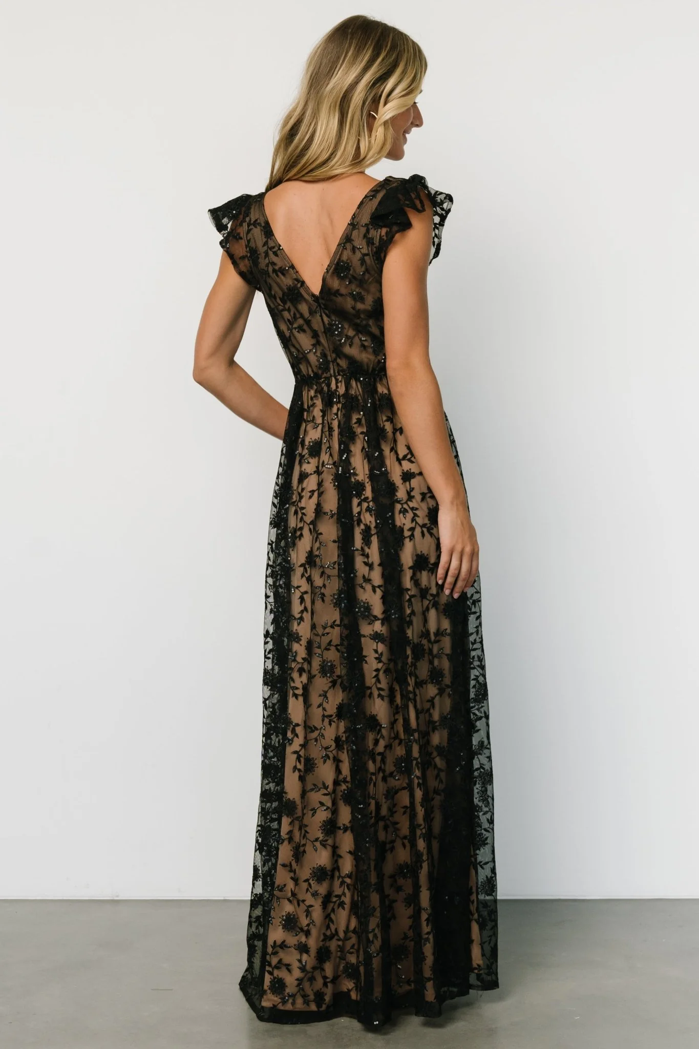 Alexa Embroidered Sequin Maxi Dress | Black + Nude - luluinthesky