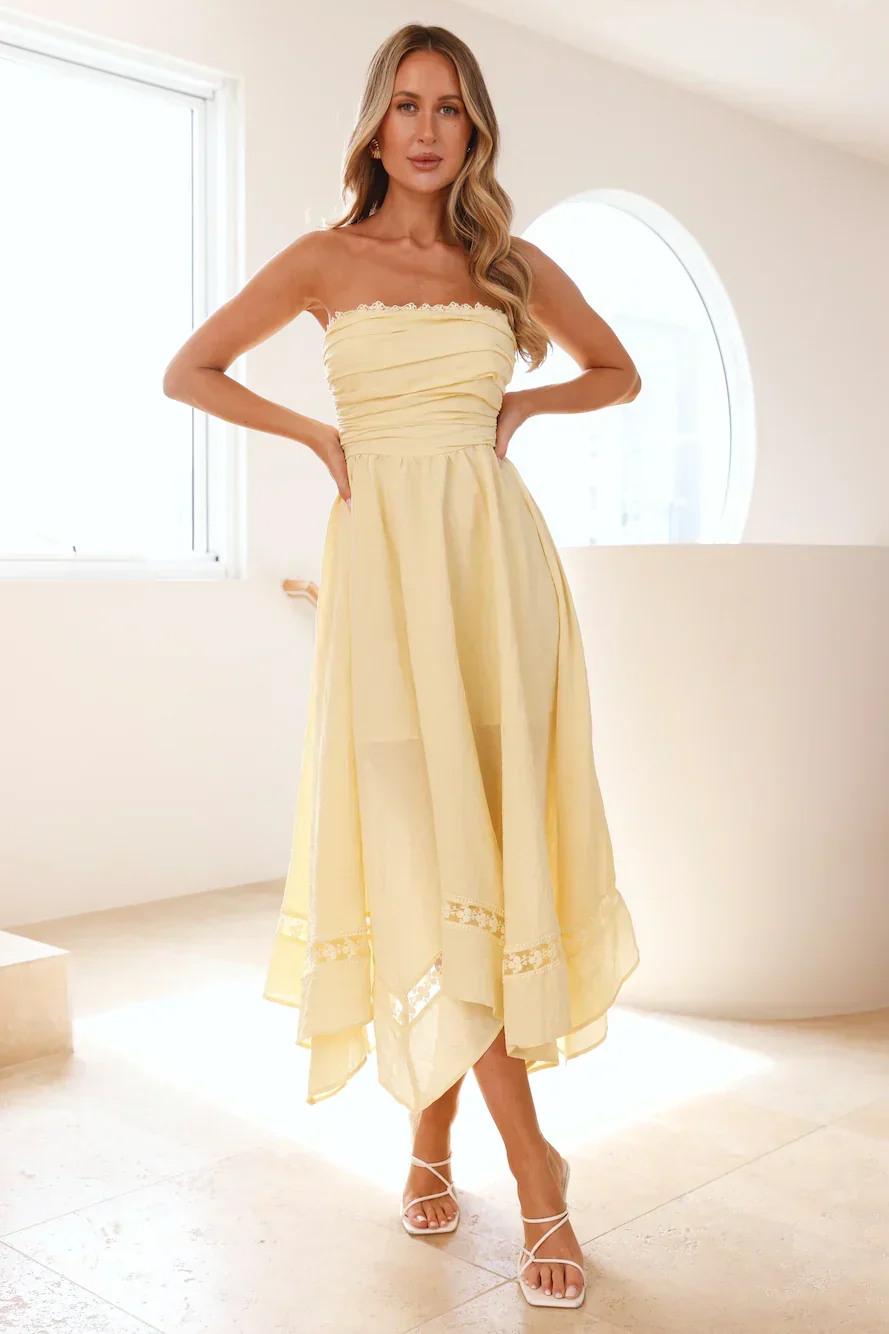 Visit The Moon Strapless Midi Dress Yellow - luluinthesky