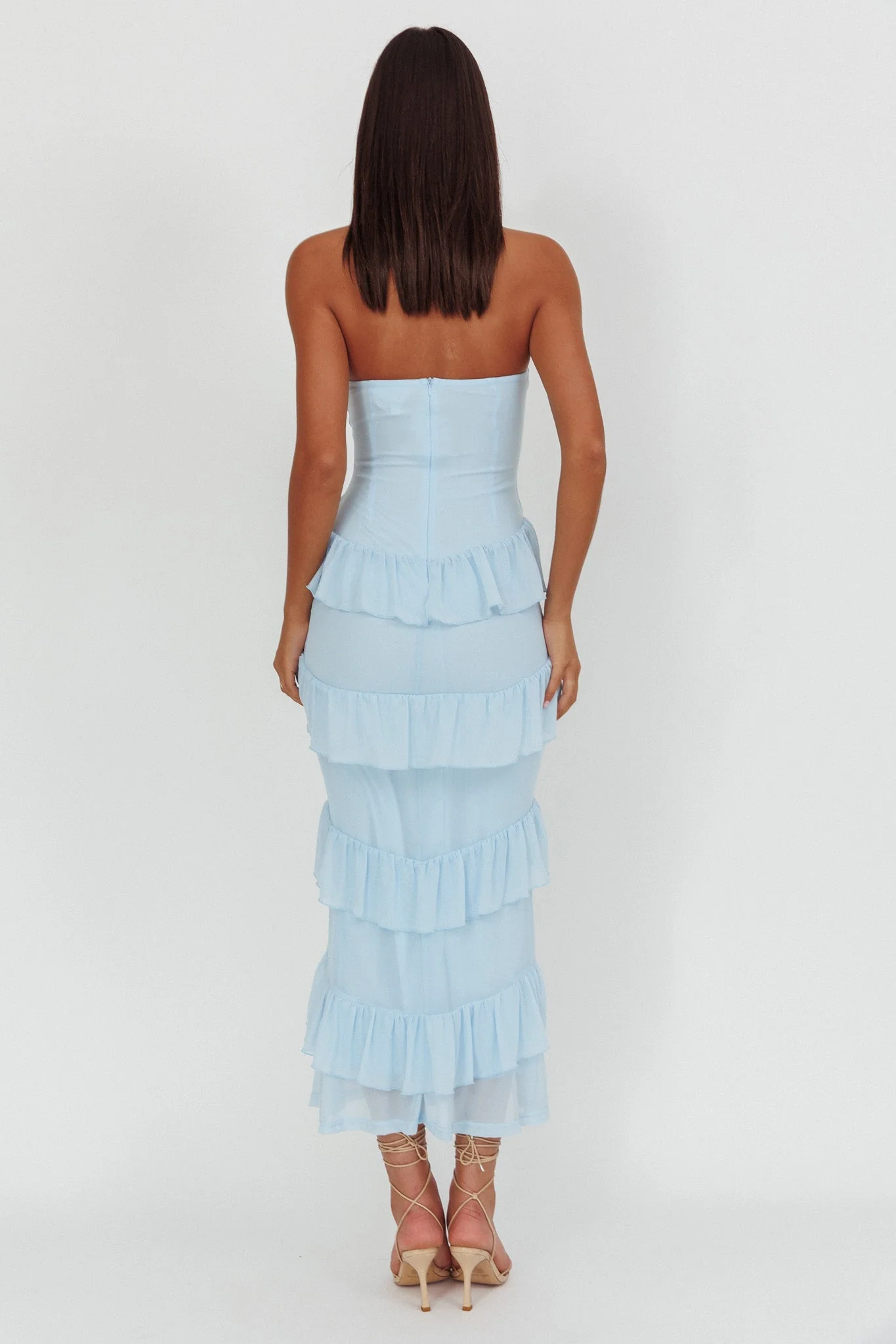 Dulce Dreams Sweetheart Neckline Frill Maxi Dress Blue